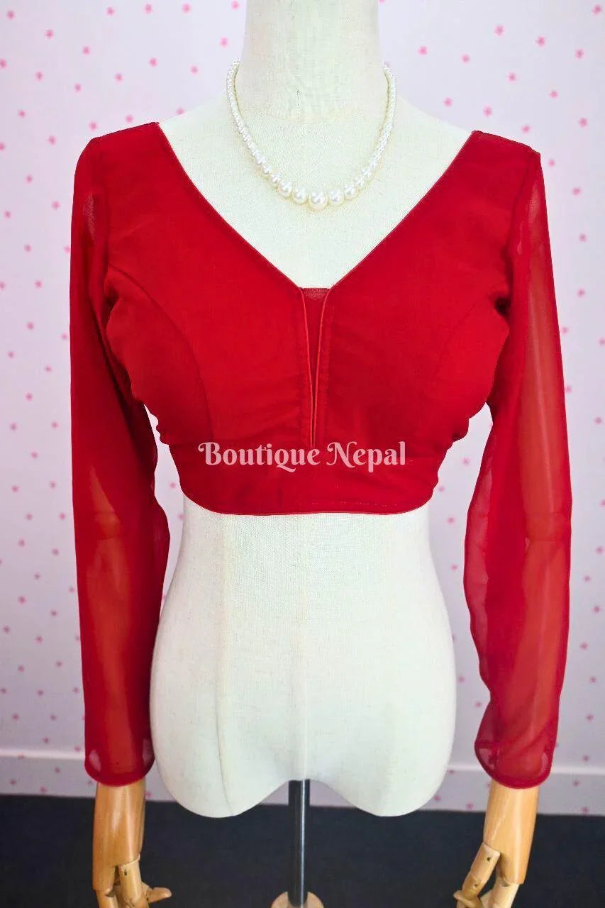 Full Sleeve Red Georgette Blouse - Boutique Nepal