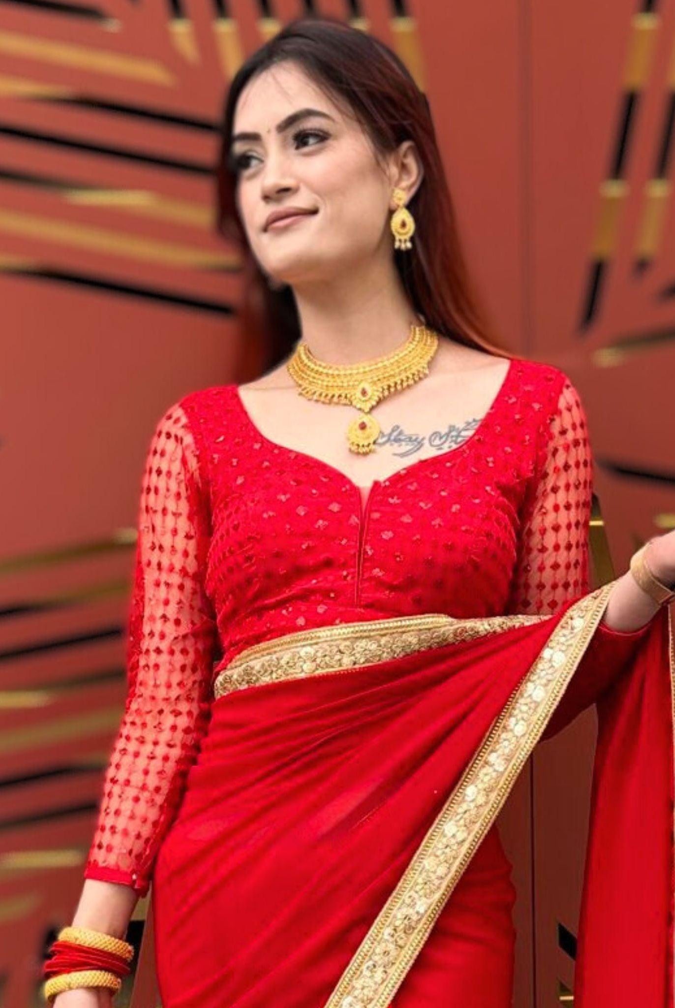 Full Sleeves Red Embroidery Blouse - Boutique Nepal