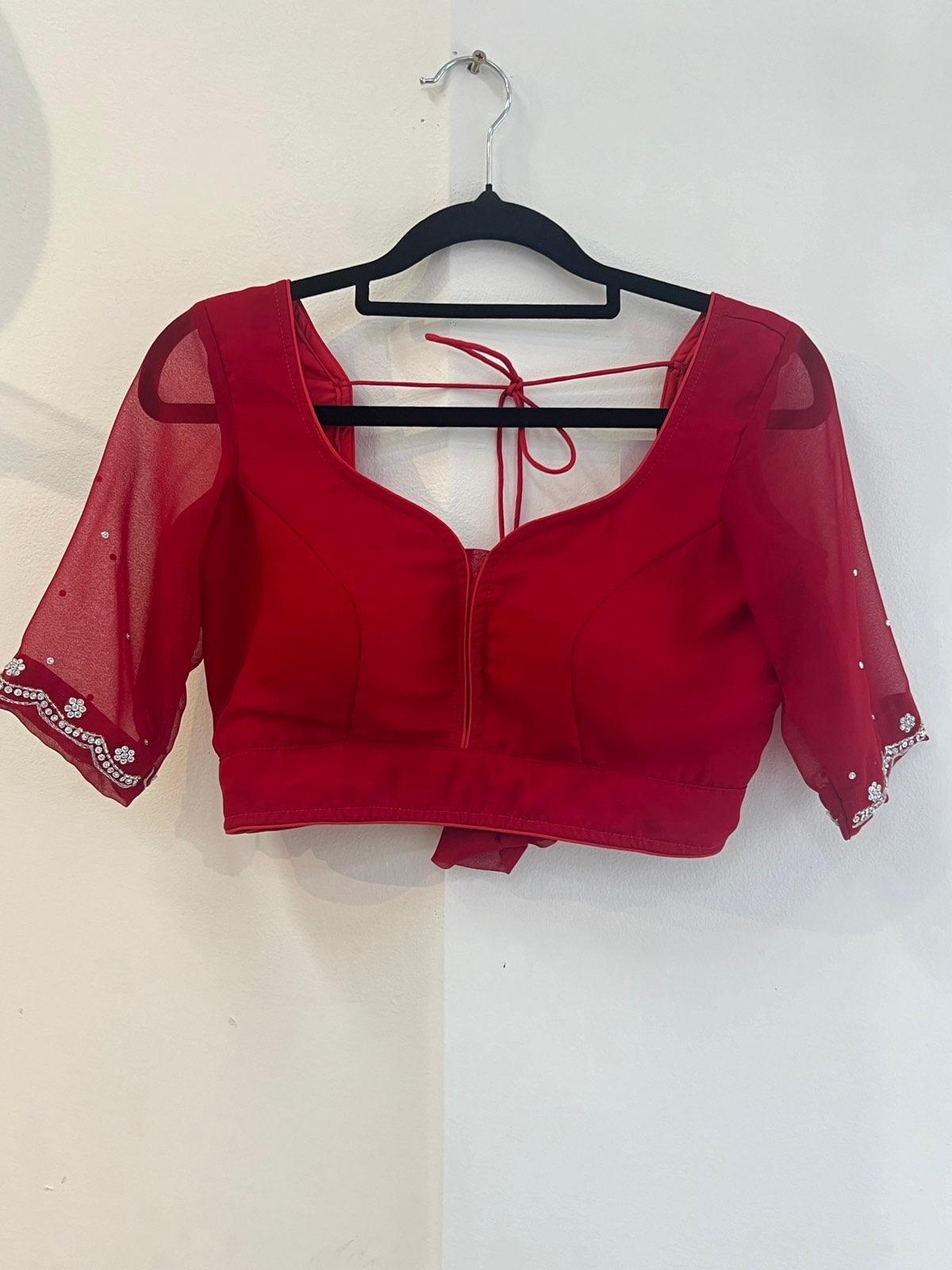 Georgette Saree Set In Red with Sworoski Crystal - Boutique Nepal