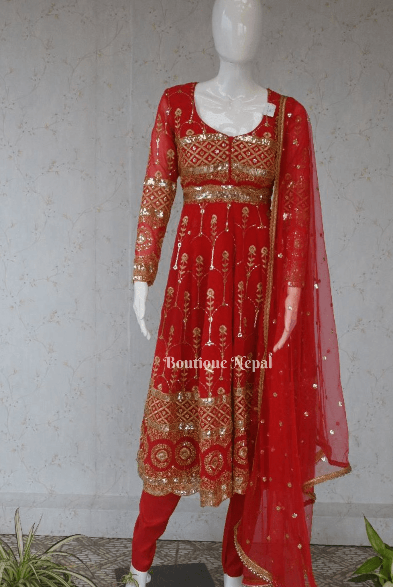 Gold Embroidery Red Anarkali Kurta Set - Boutique Nepal