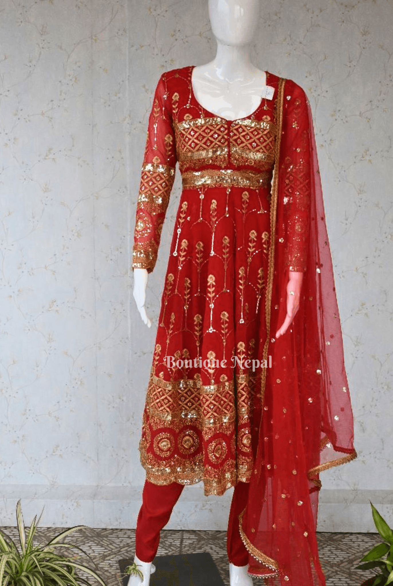 Gold Embroidery Red Anarkali Kurta Set - Boutique Nepal