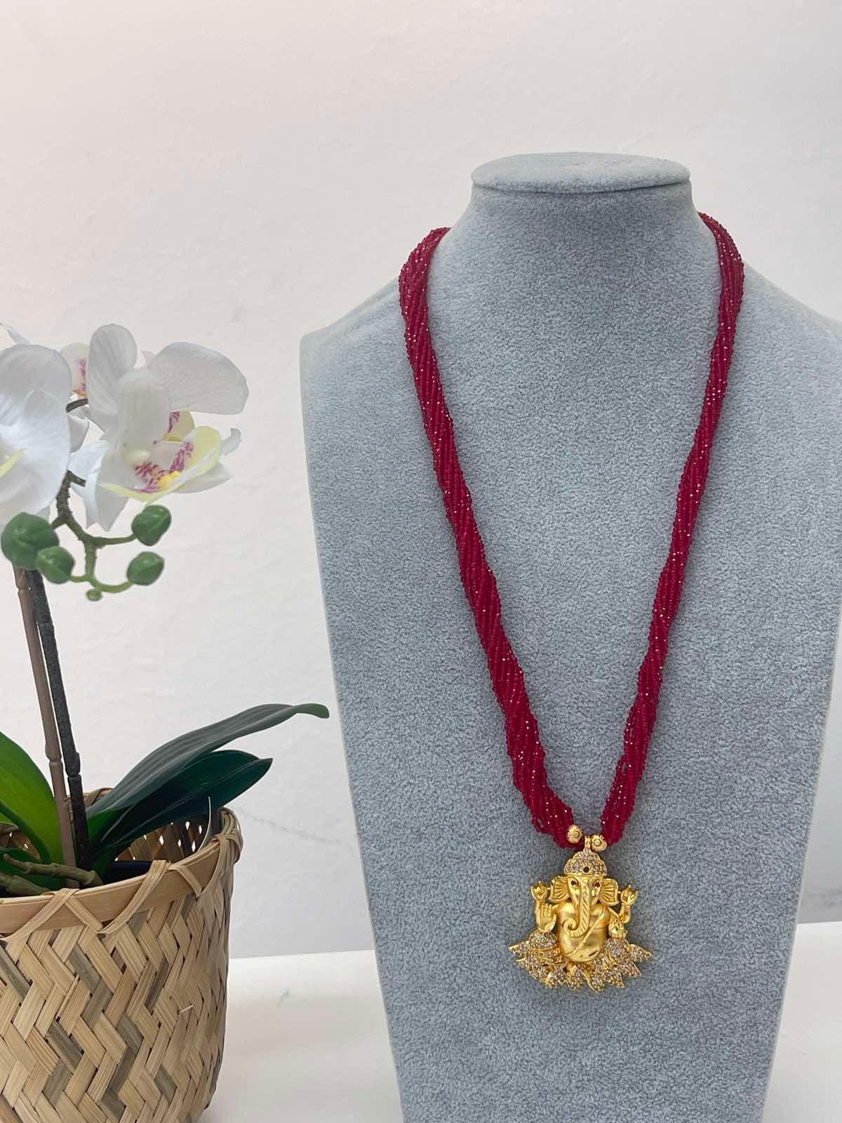 Gold Plated Red Ganesh Pendant with Red Hydro Pote - Boutique Nepal