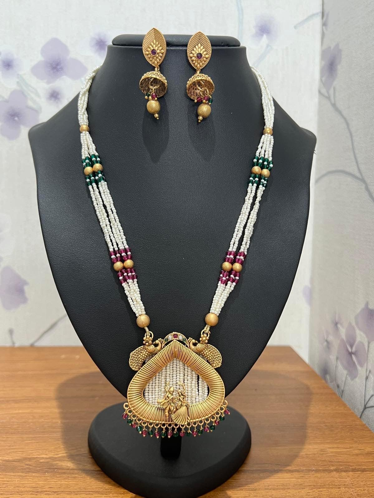 Gold Plated Temple Necklace Set with White Pote - Boutique Nepal