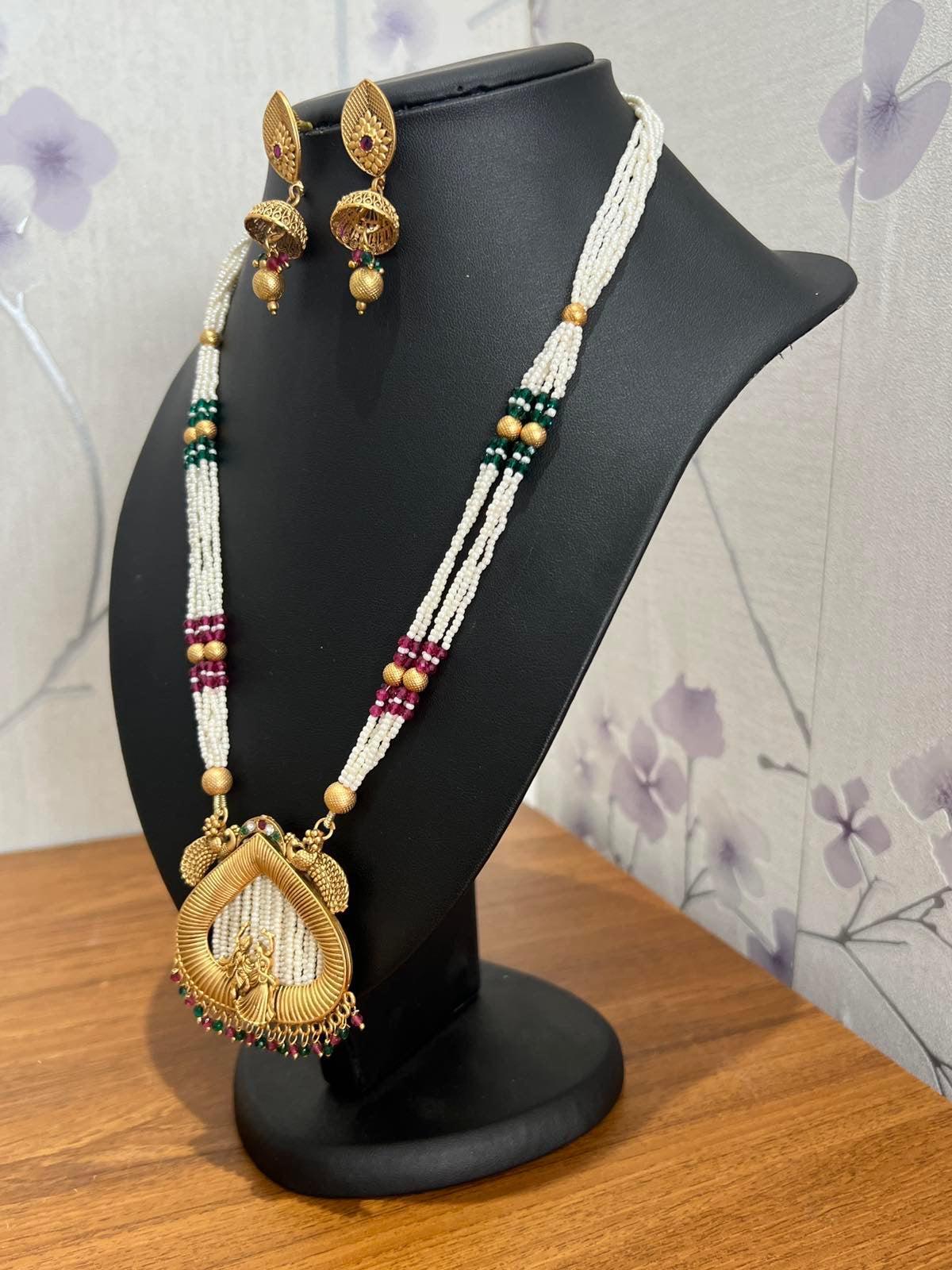 Gold Plated Temple Necklace Set with White Pote - Boutique Nepal