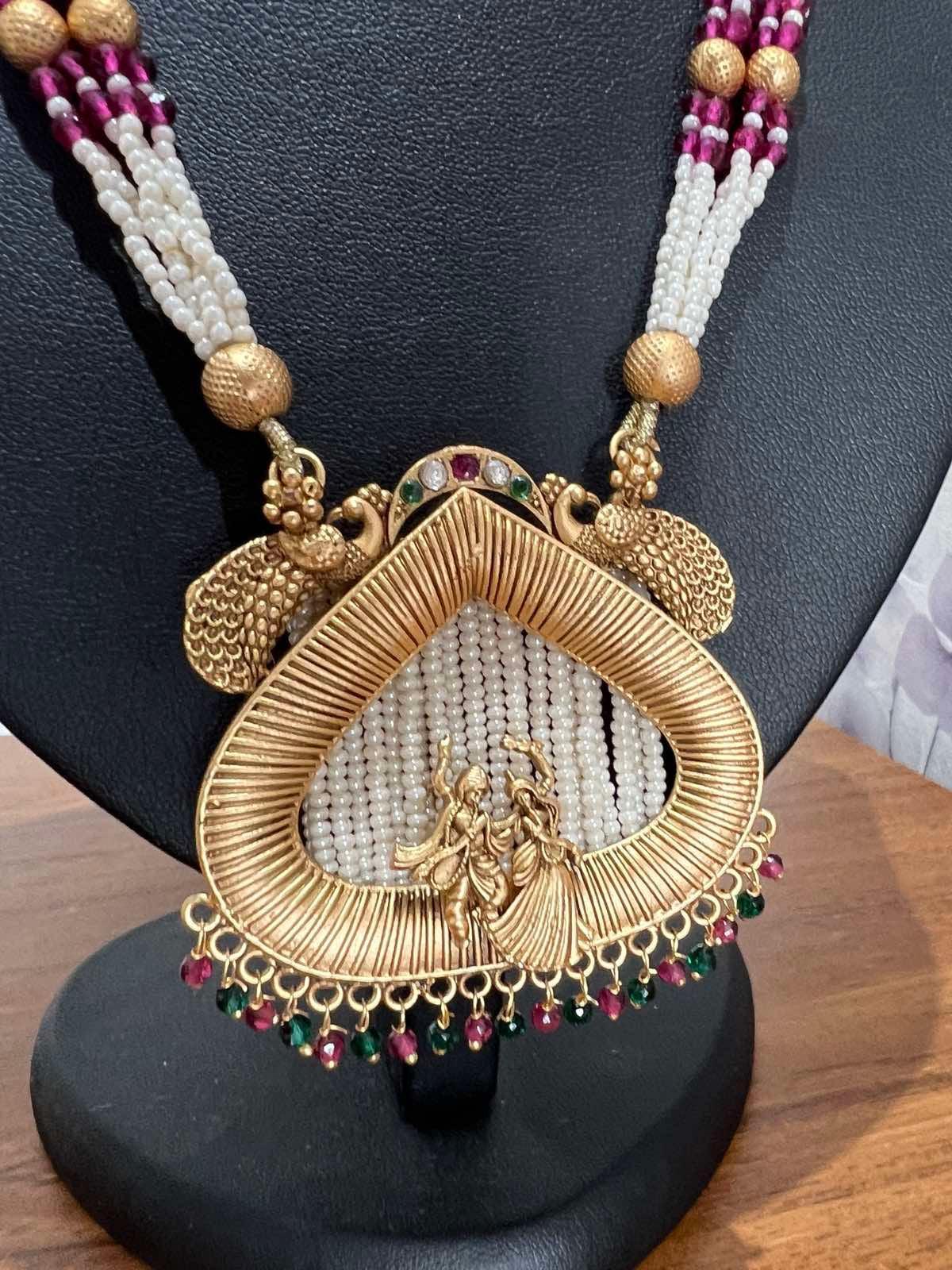 Gold Plated Temple Necklace Set with White Pote - Boutique Nepal