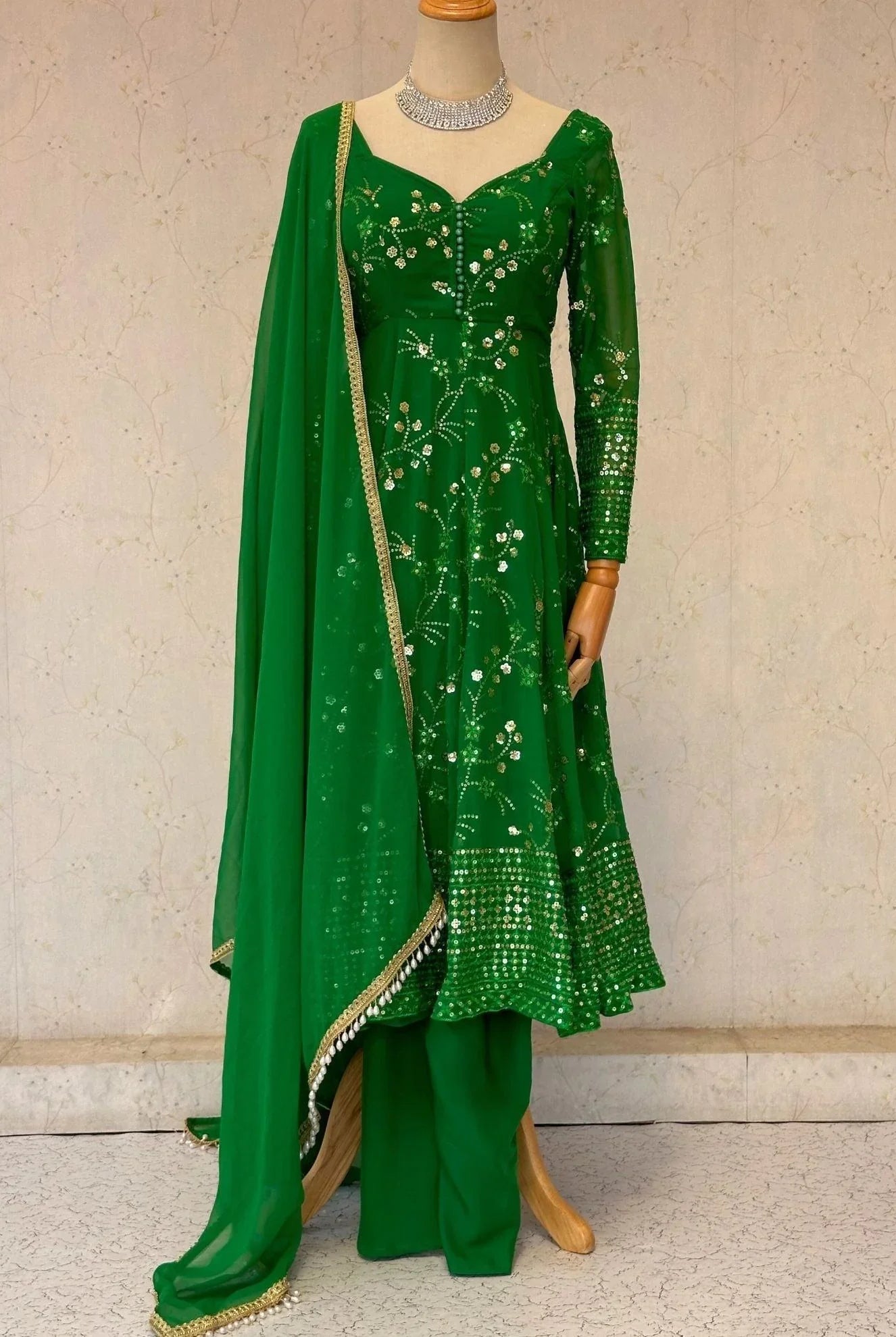 Green Anarkali Kurta With Mirror Work - Boutique Nepal