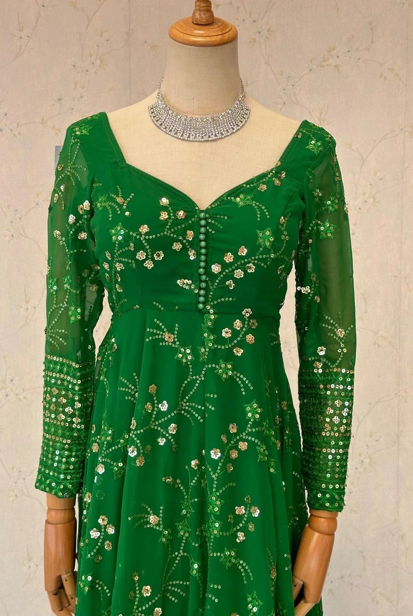 Green Anarkali Kurta With Mirror Work - Boutique Nepal