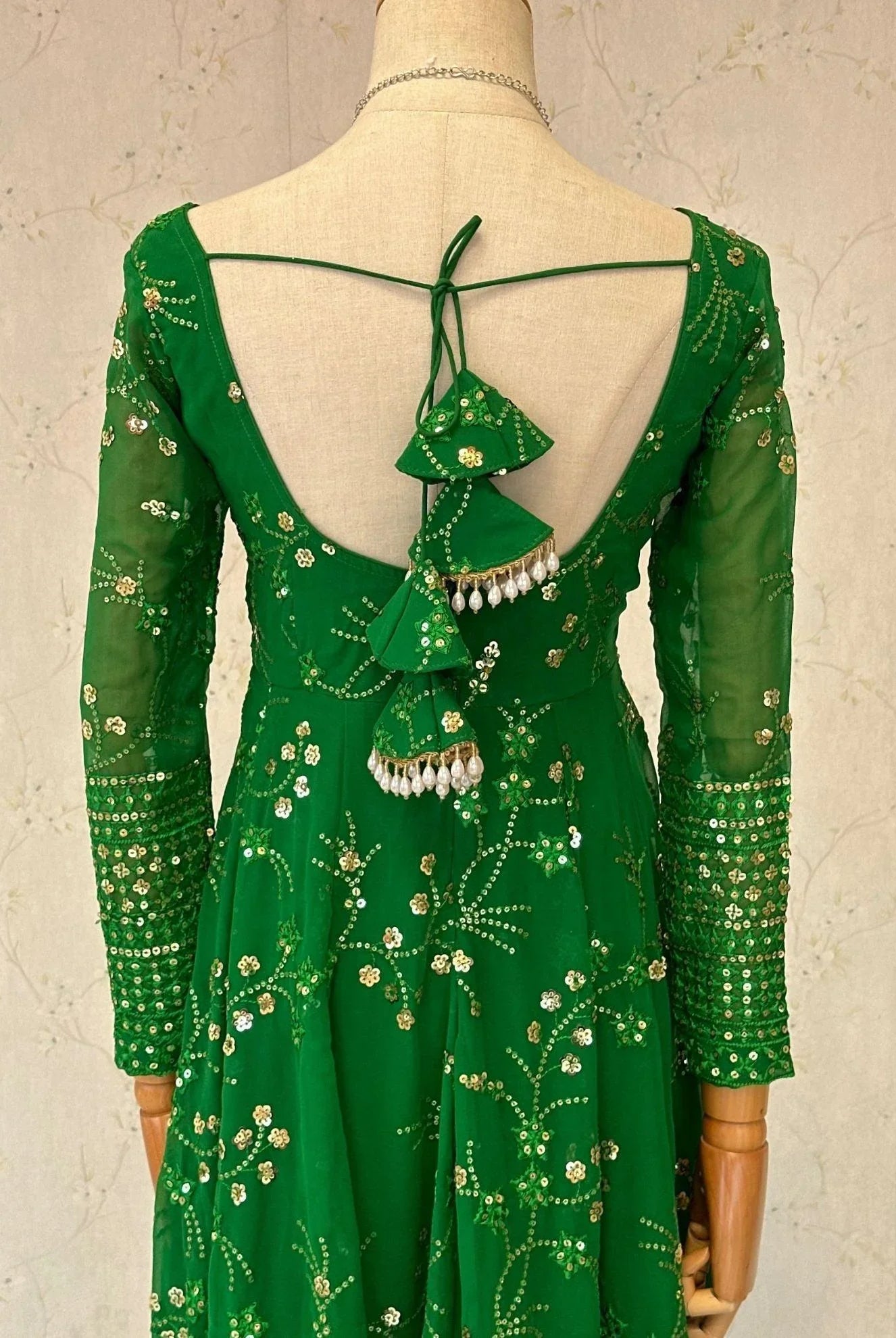 Green Anarkali Kurta With Mirror Work - Boutique Nepal