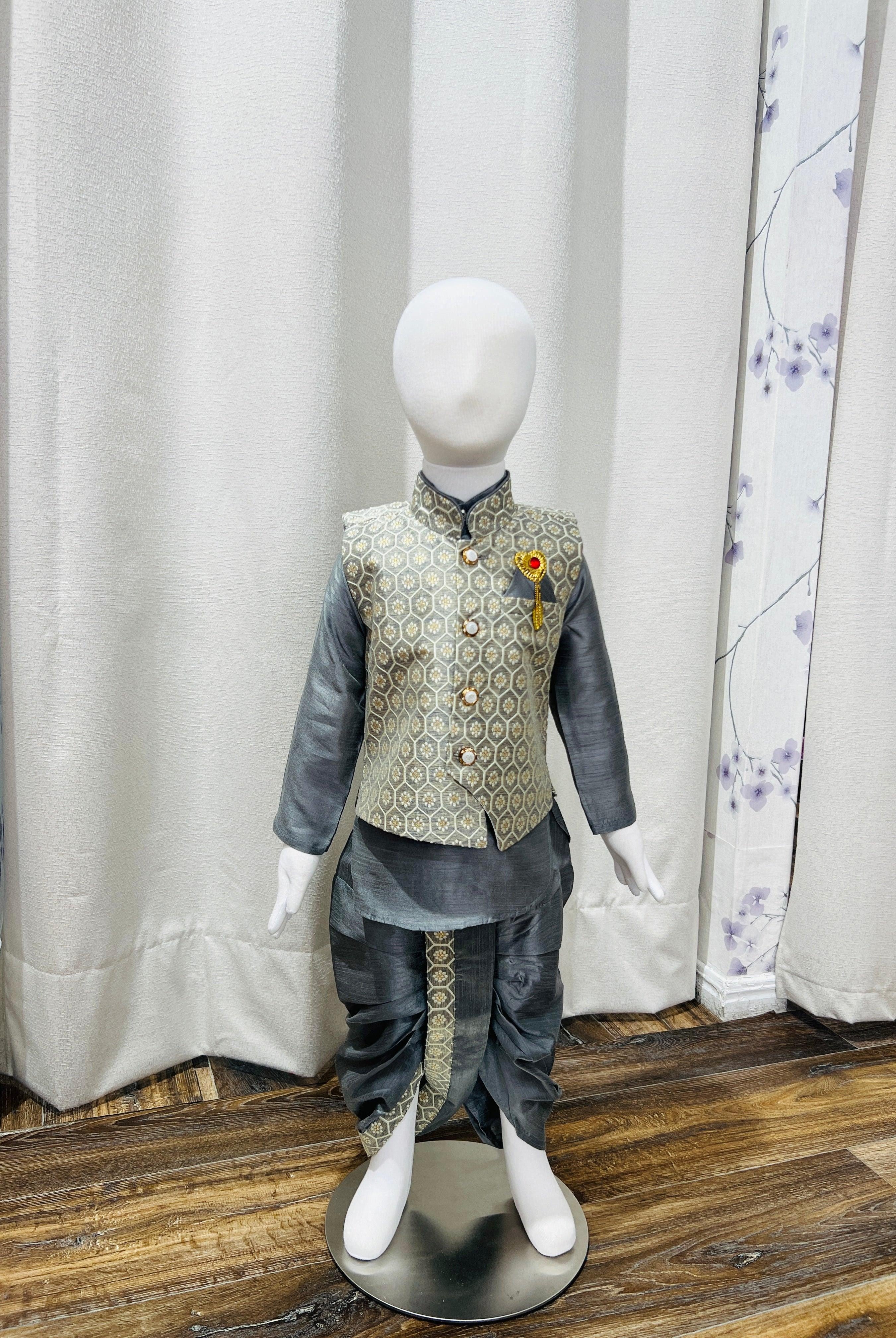 Grey Kurta Pajama With Printed Jacket Dhoti Pant - Boutique Nepal