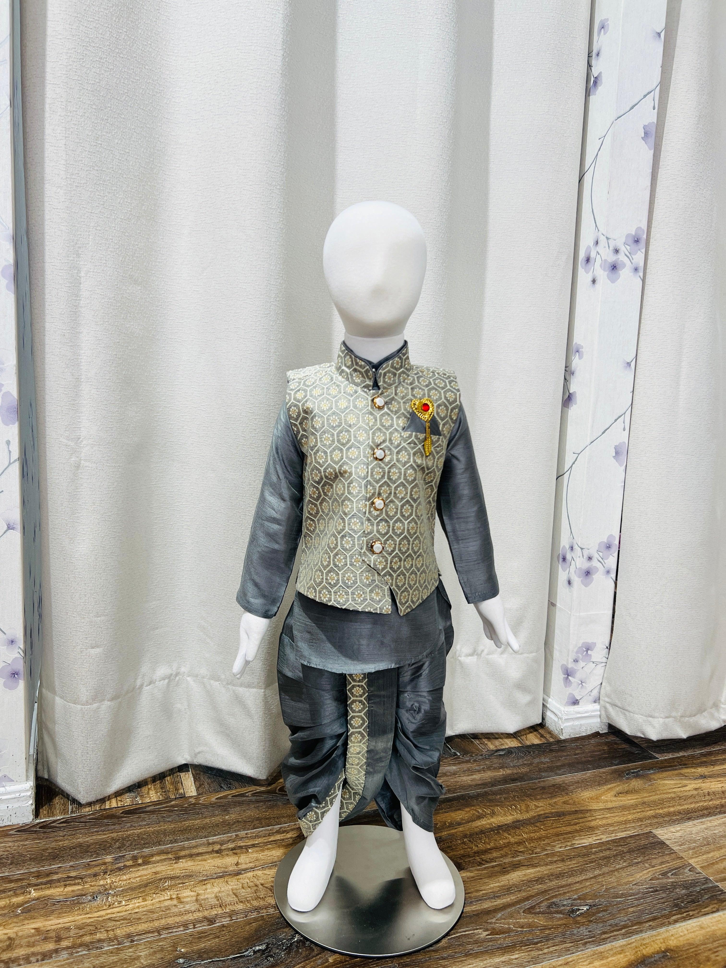 Grey Kurta Pajama With Printed Jacket Dhoti Pant - Boutique Nepal