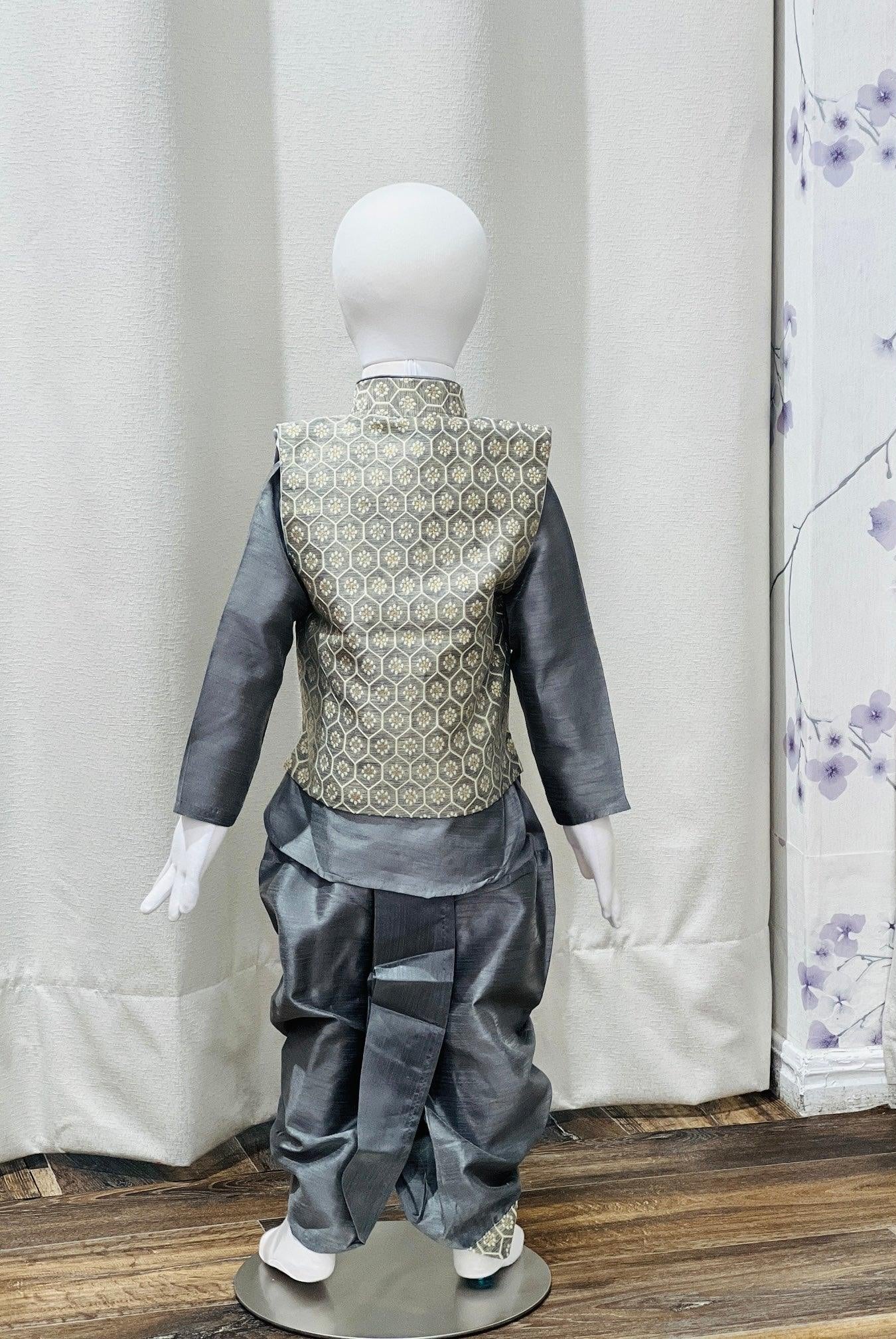 Grey Kurta Pajama With Printed Jacket Dhoti Pant - Boutique Nepal