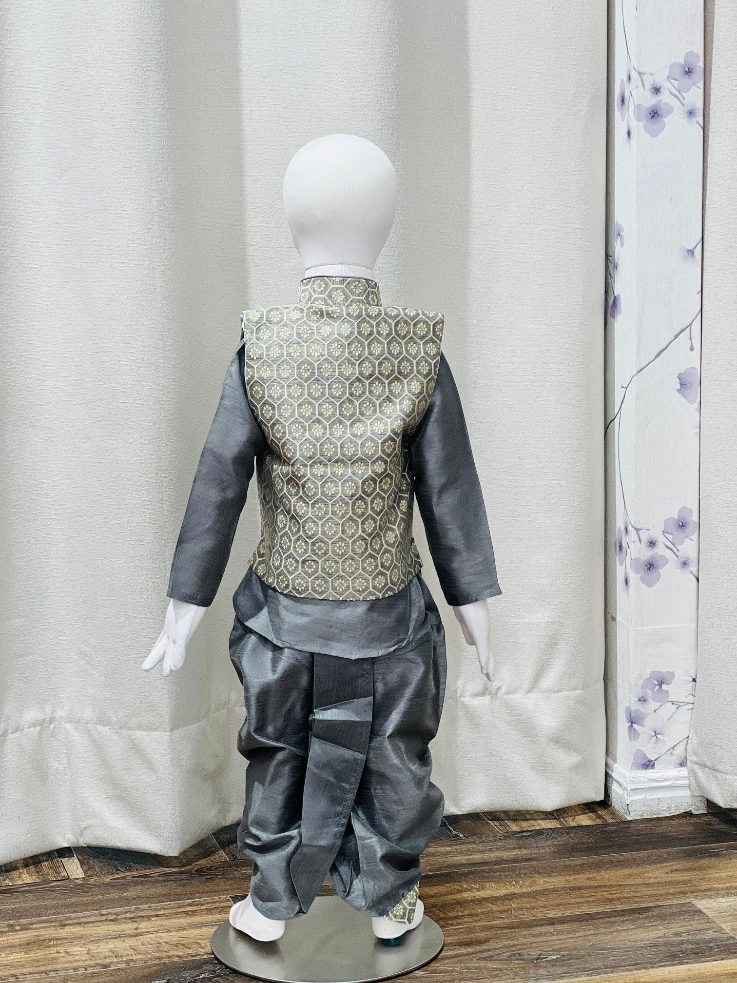 Grey Kurta Pajama With Printed Jacket Dhoti Pant - Boutique Nepal