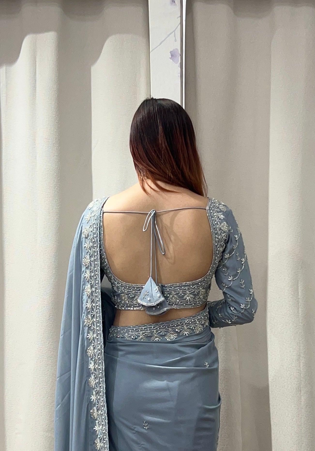 Hand Embroidered Saree Set In Silver Grey - Boutique Nepal