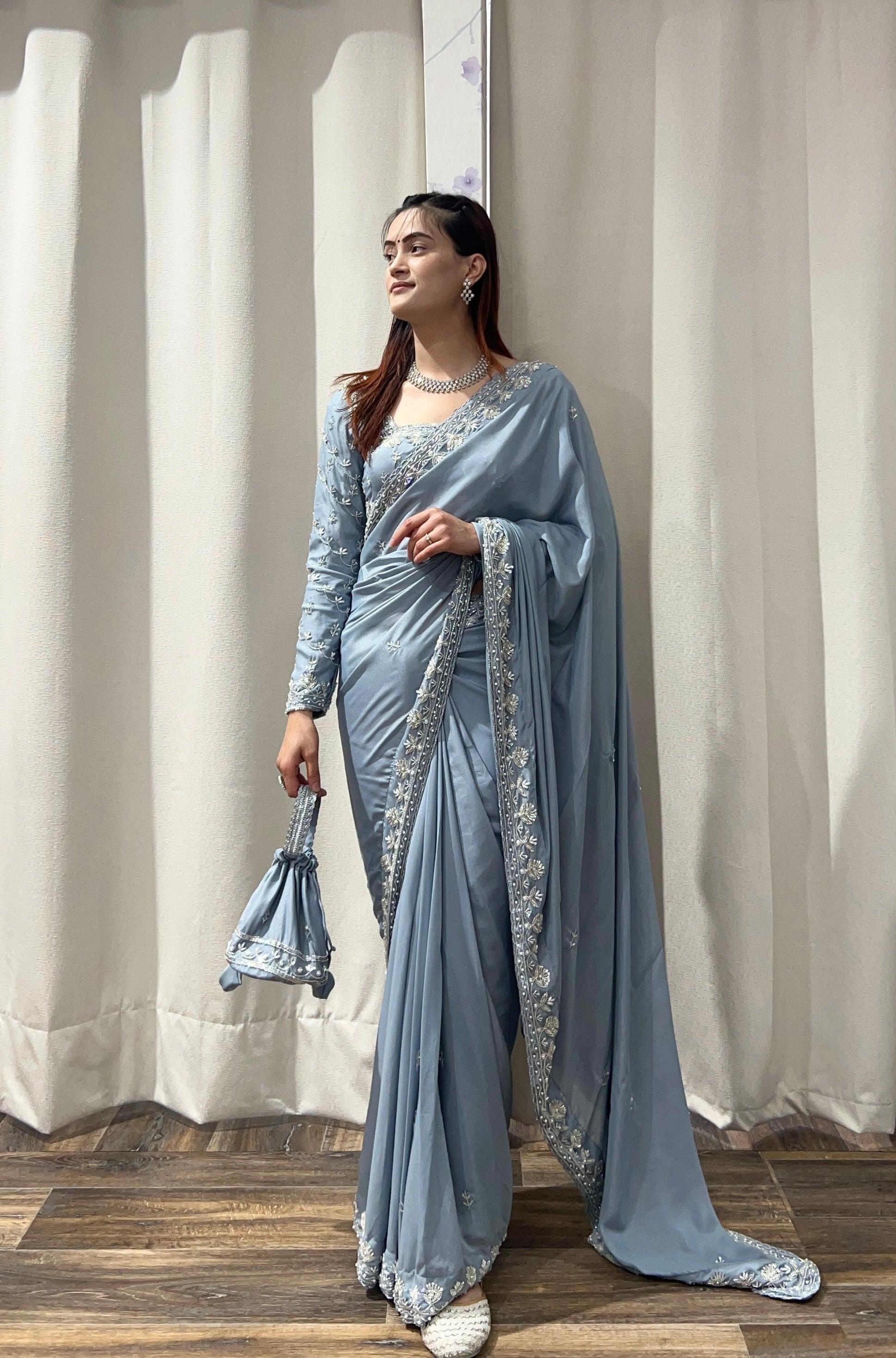 Hand Embroidered Saree Set In Silver Grey - Boutique Nepal