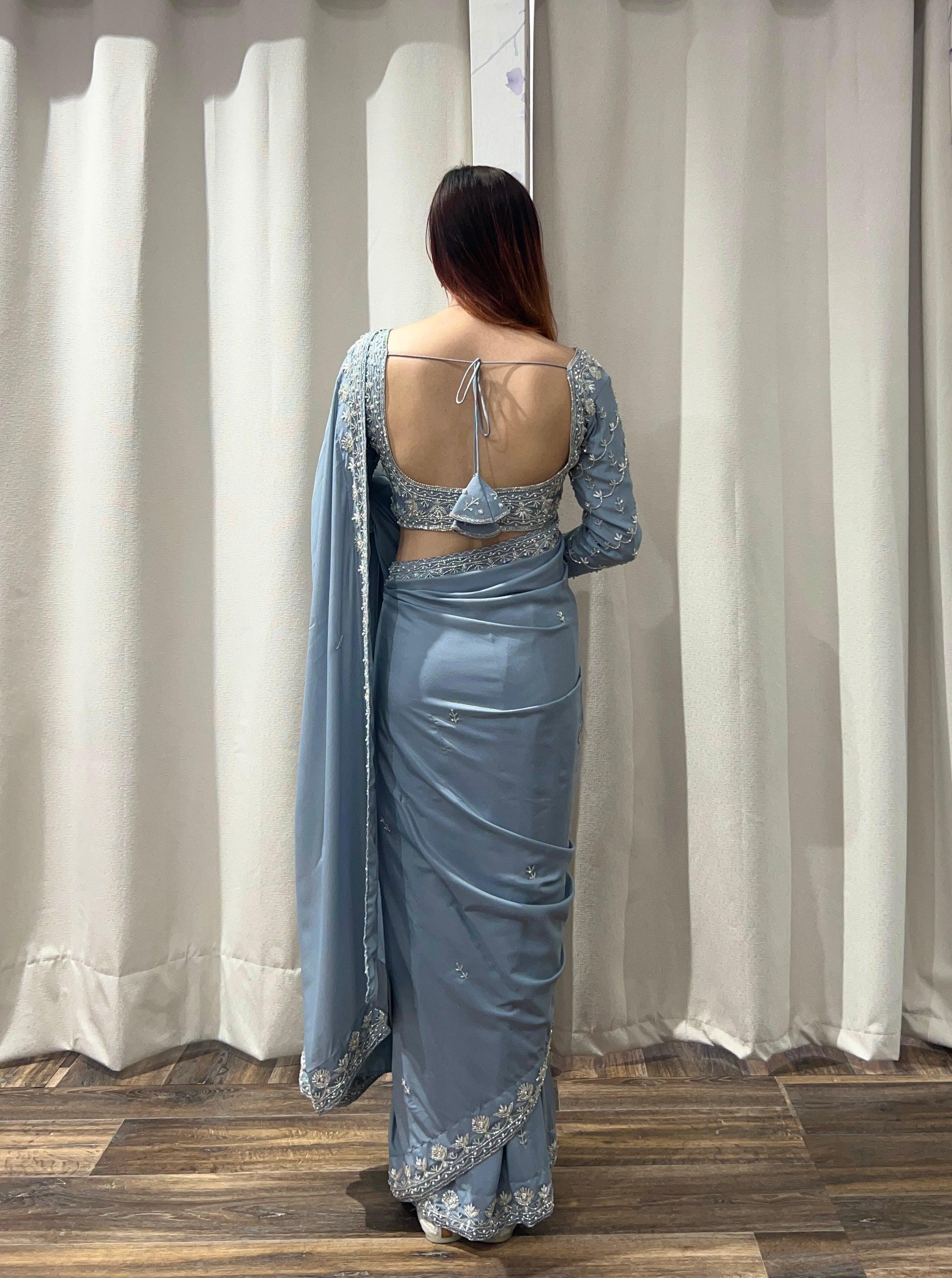 Hand Embroidered Saree Set In Silver Grey - Boutique Nepal