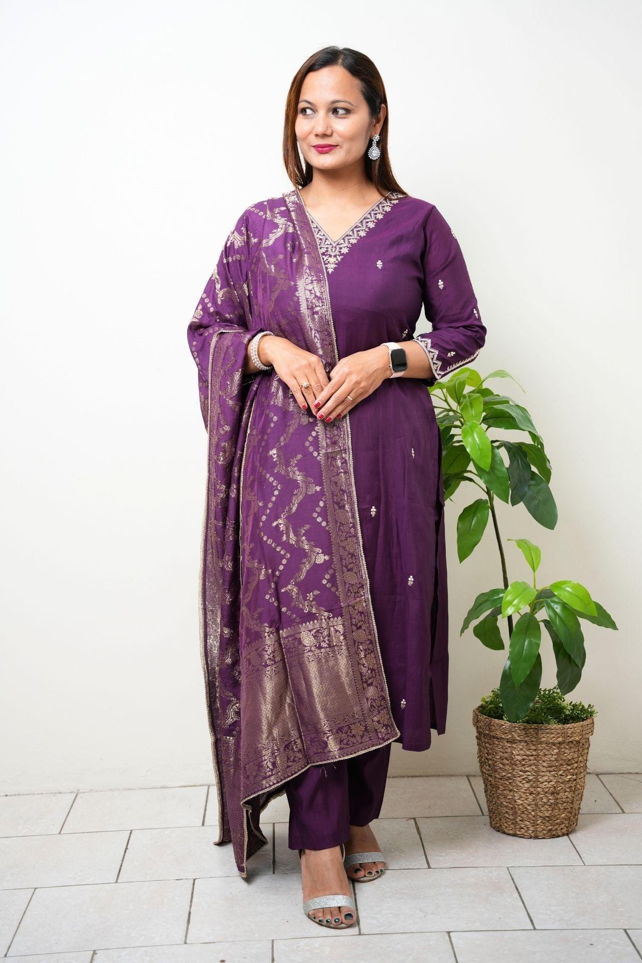 Hand Work Kurta Pant With Banarasi Silk Dupatta - Boutique Nepal