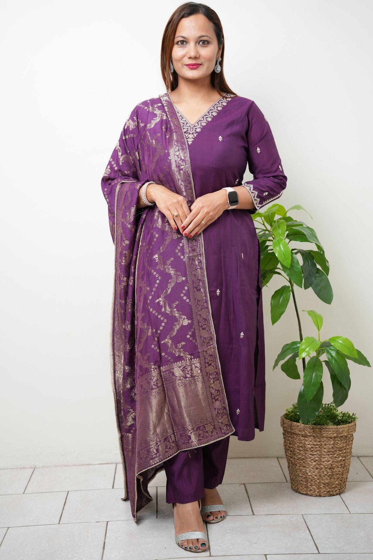 Hand Work Kurta Pant With Banarasi Silk Dupatta - Boutique Nepal