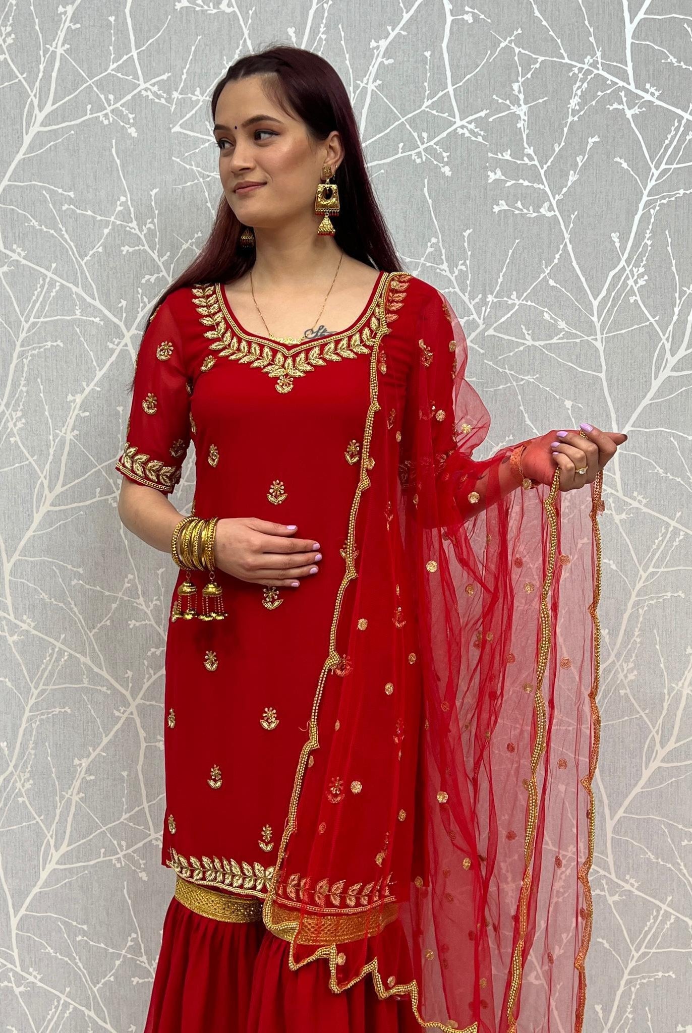 Handwork Sharara Kurti Suit In Red - Boutique Nepal