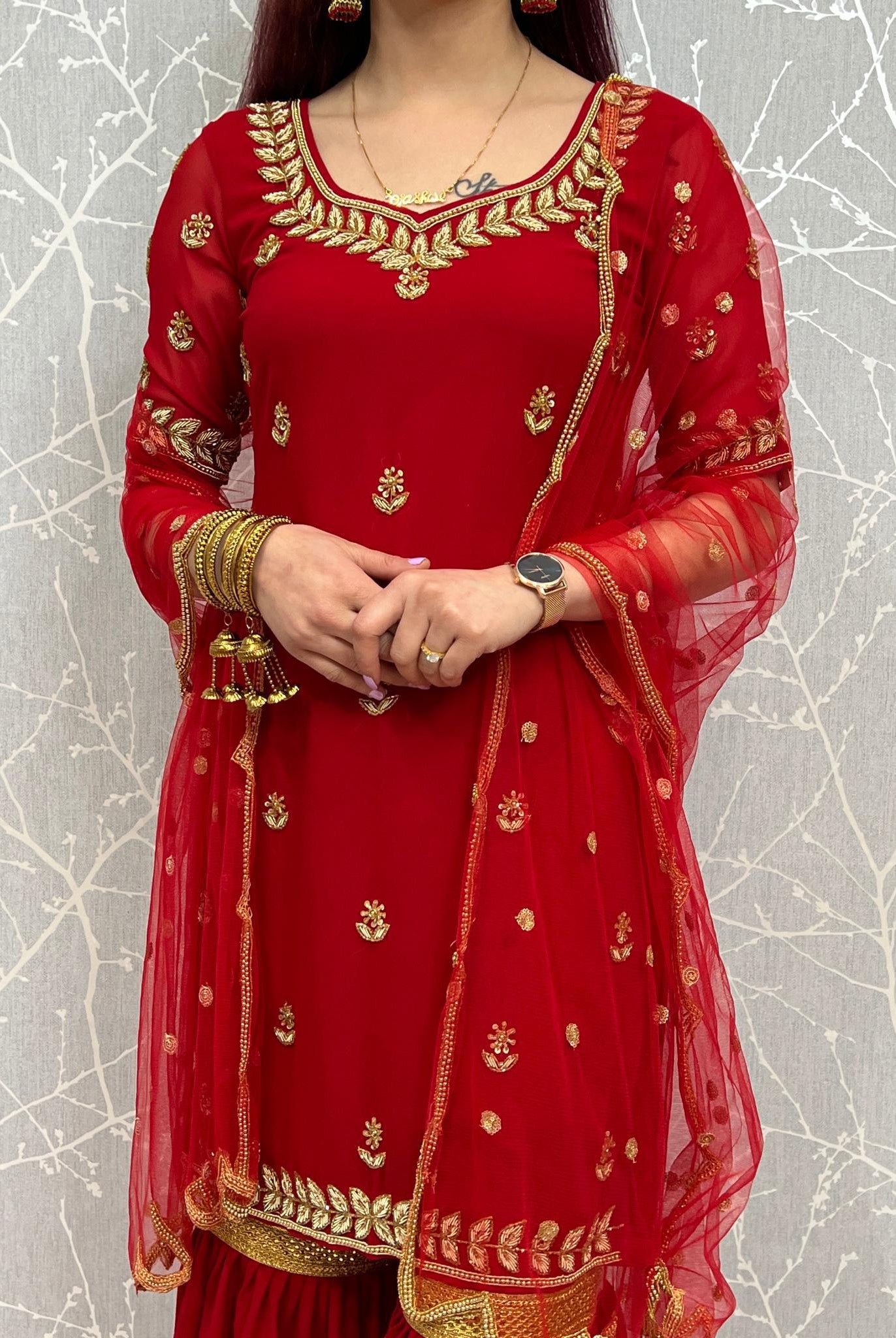 Handwork Sharara Kurti Suit In Red - Boutique Nepal