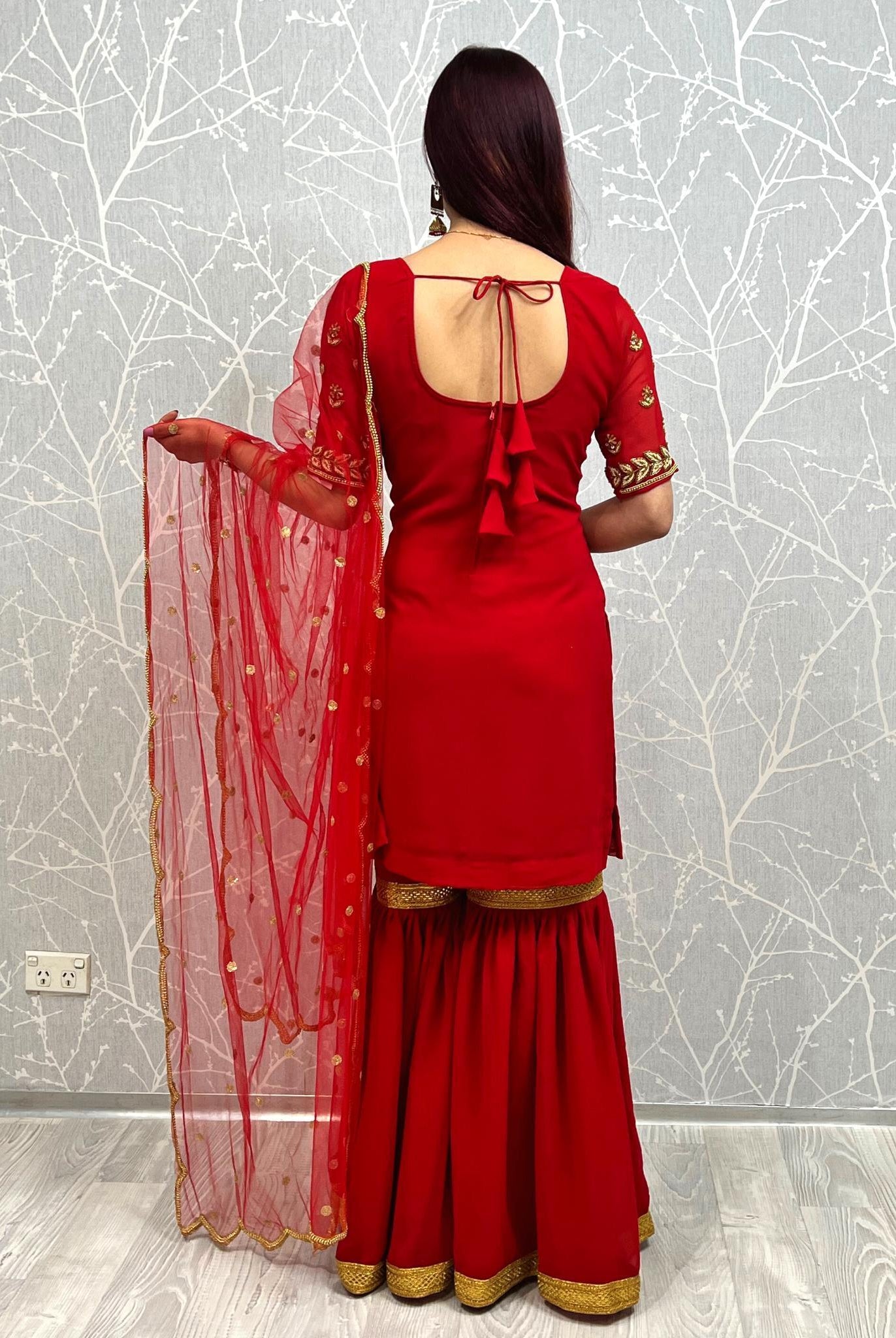 Handwork Sharara Kurti Suit In Red - Boutique Nepal