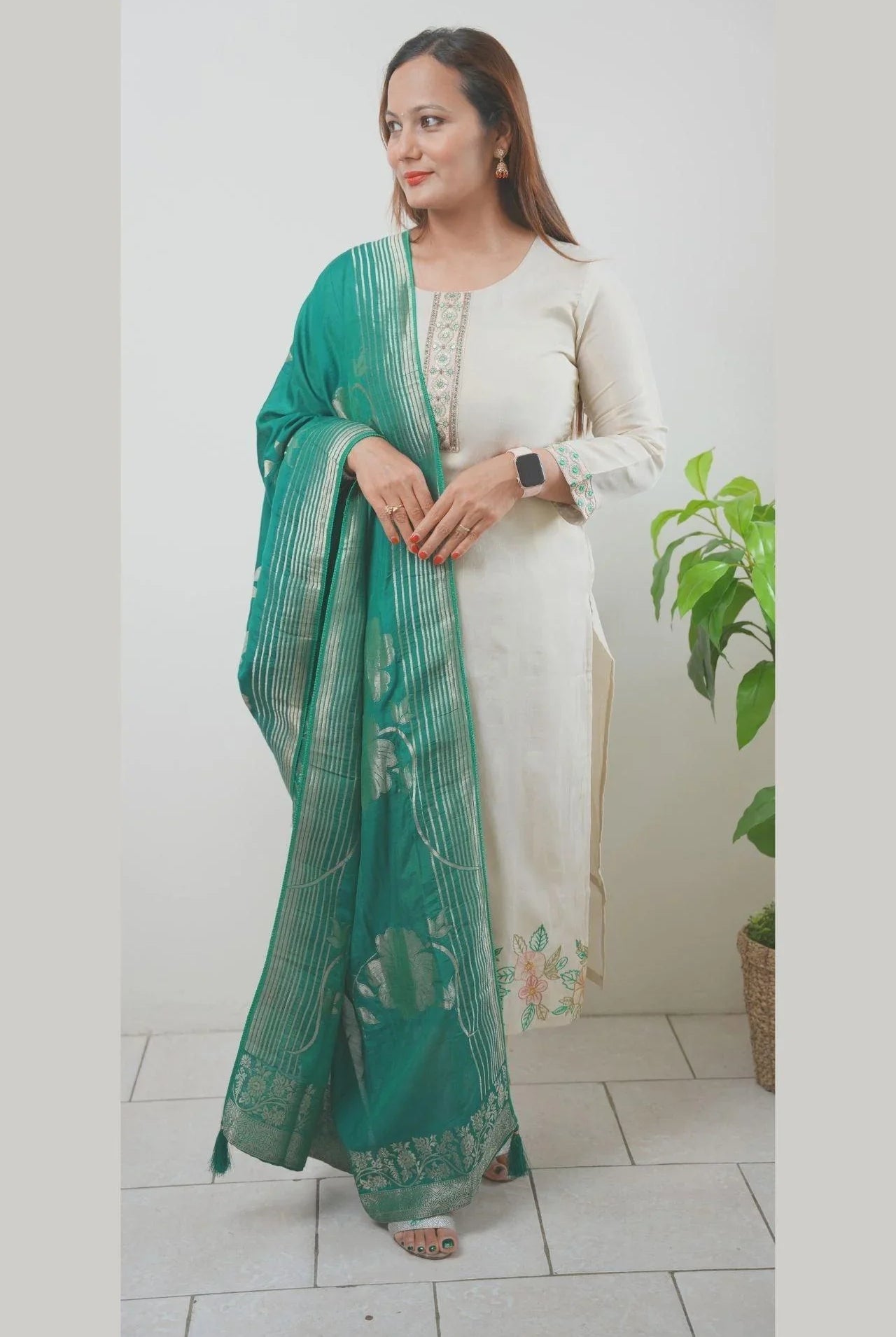 Ivory And Green Silk Embroidered Kurta Set - Boutique Nepal