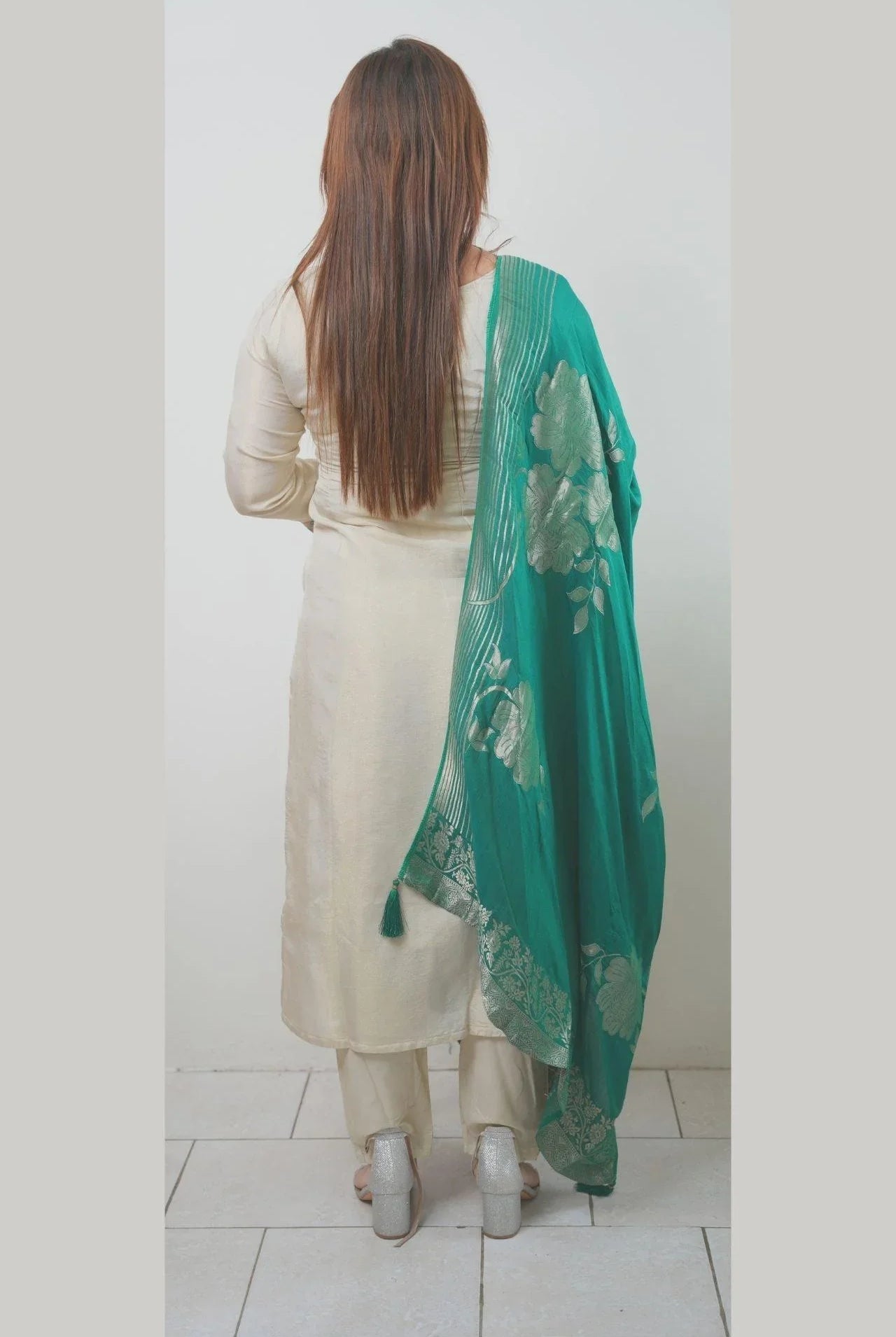 Ivory And Green Silk Embroidered Kurta Set - Boutique Nepal