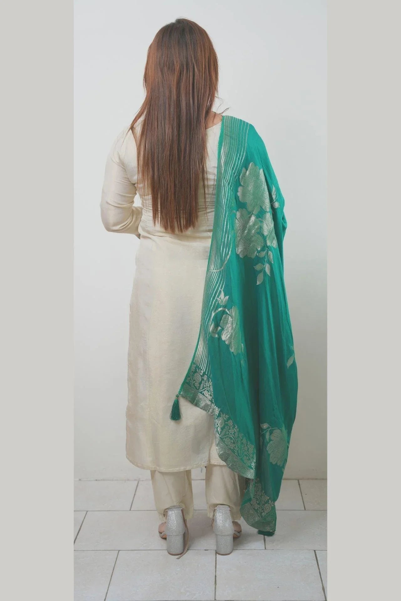 Ivory And Green Silk Embroidered Kurta Set - Boutique Nepal