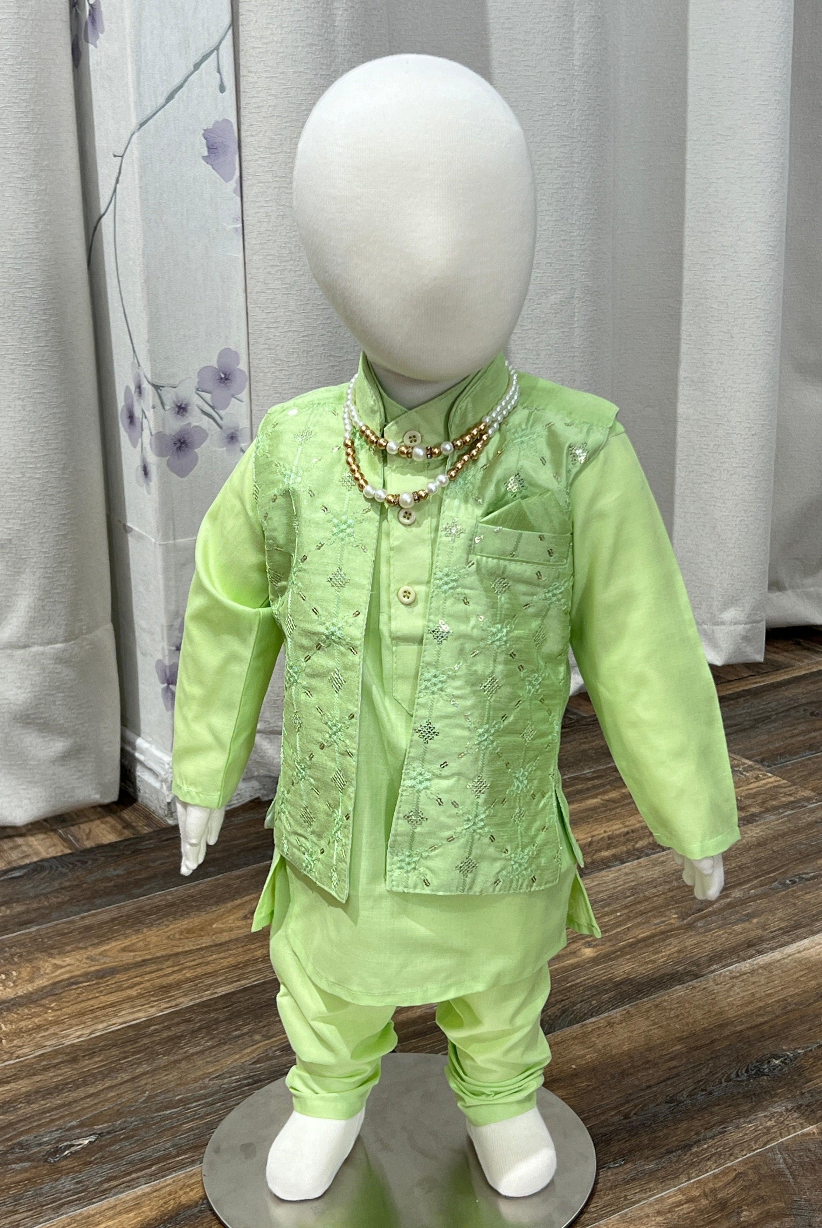 Light Green Kurta Pajama With Printed Jacket - Boutique Nepal