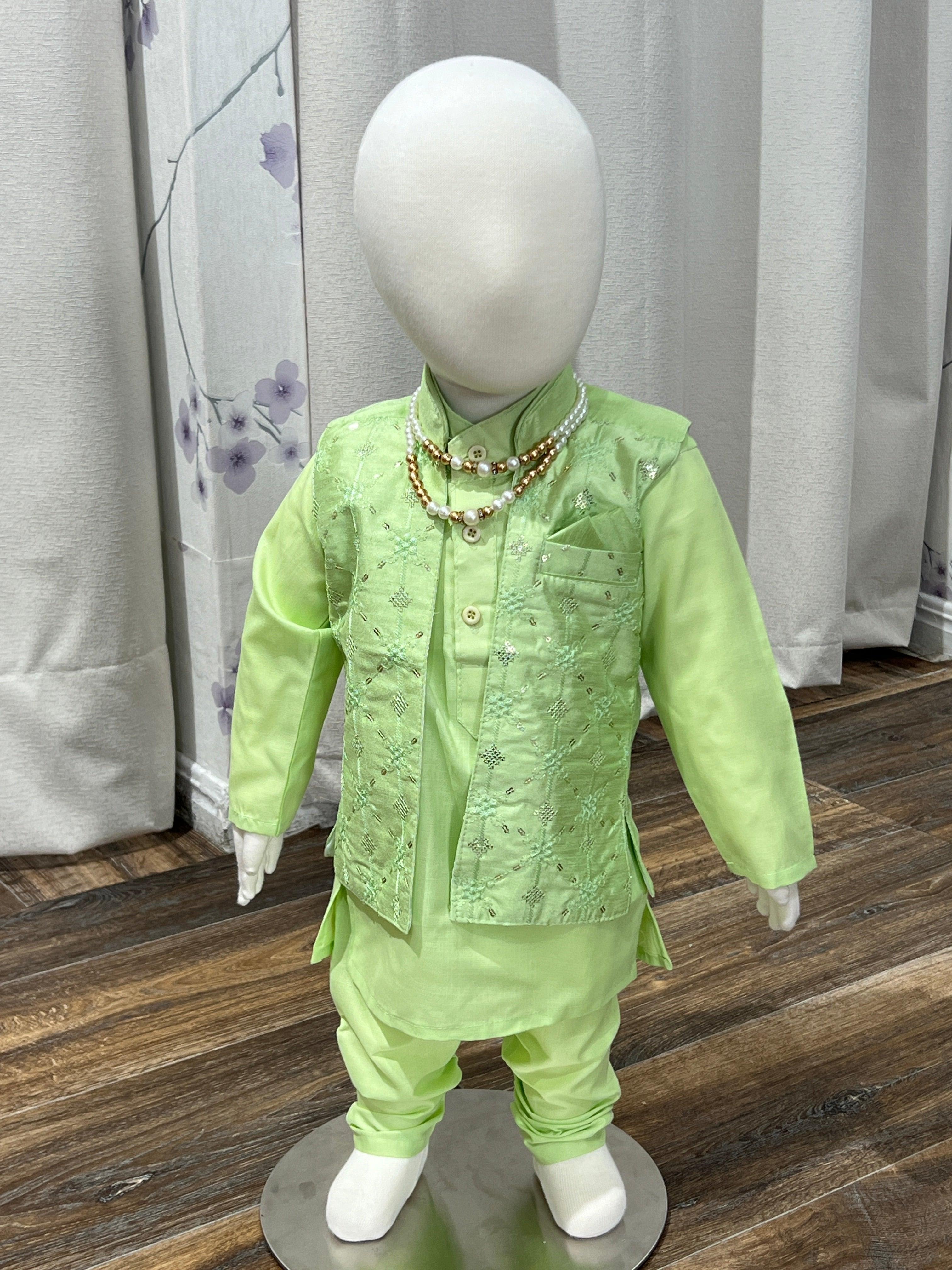 Light Green Kurta Pajama With Printed Jacket - Boutique Nepal
