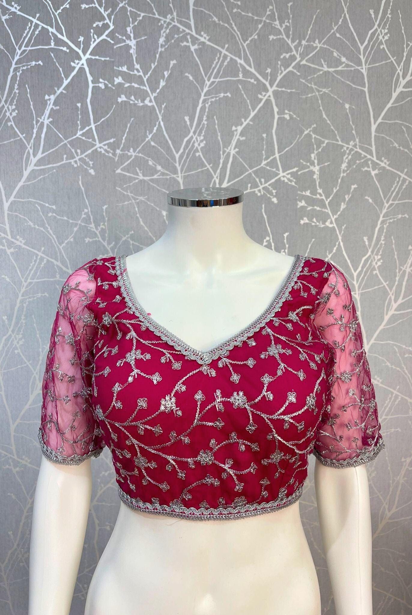 Magenta Pink Net Blouse With Silver Border - Boutique Nepal