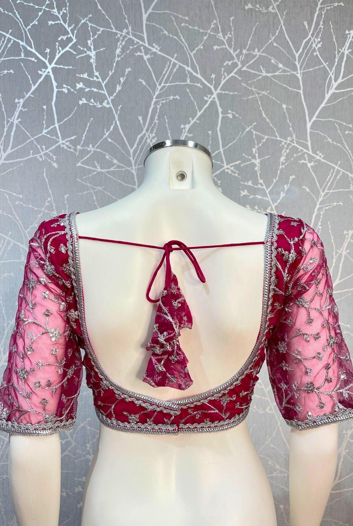 Magenta Pink Net Blouse With Silver Border - Boutique Nepal