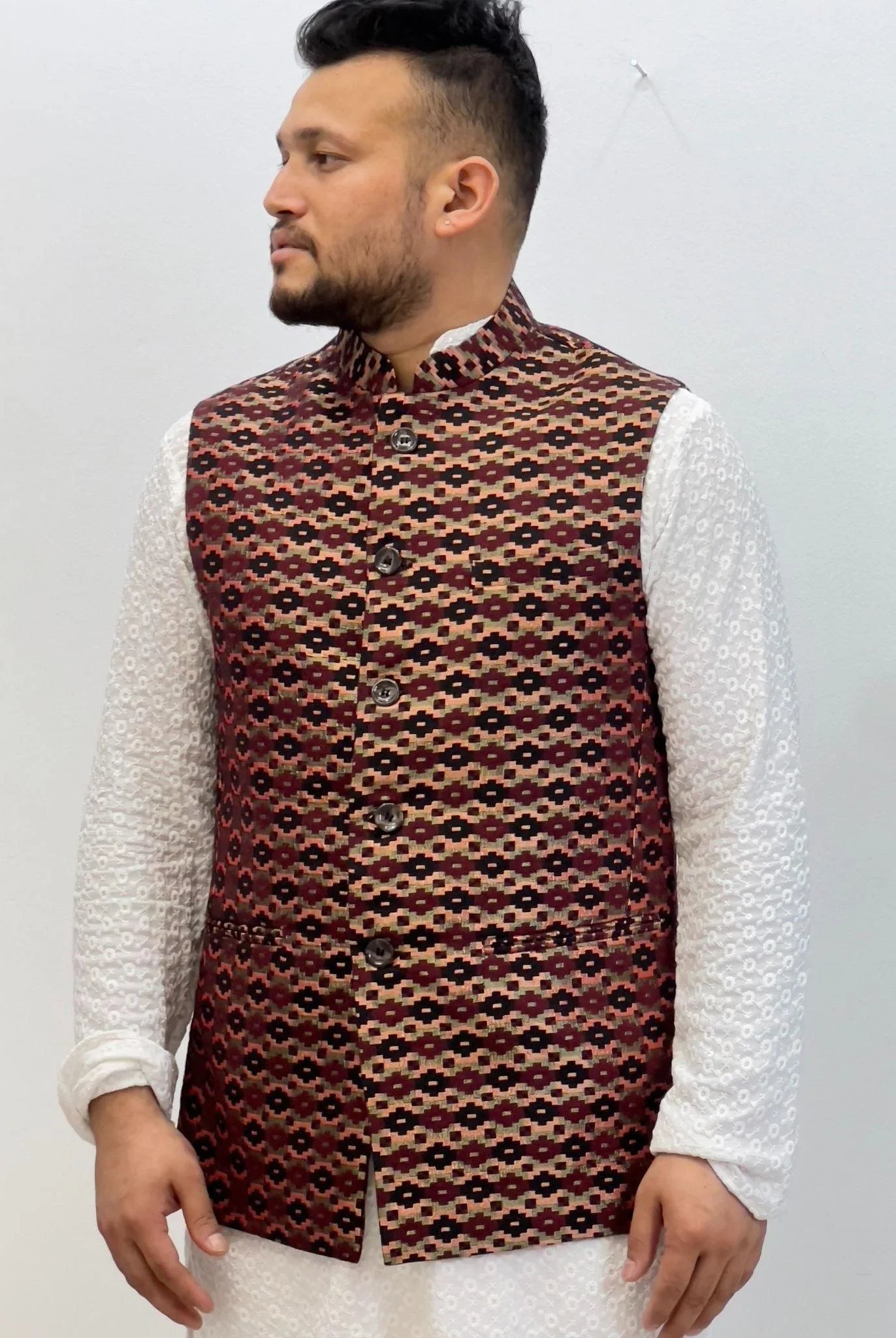 Maroon Dhaka Waistcoat With Topi - Boutique Nepal