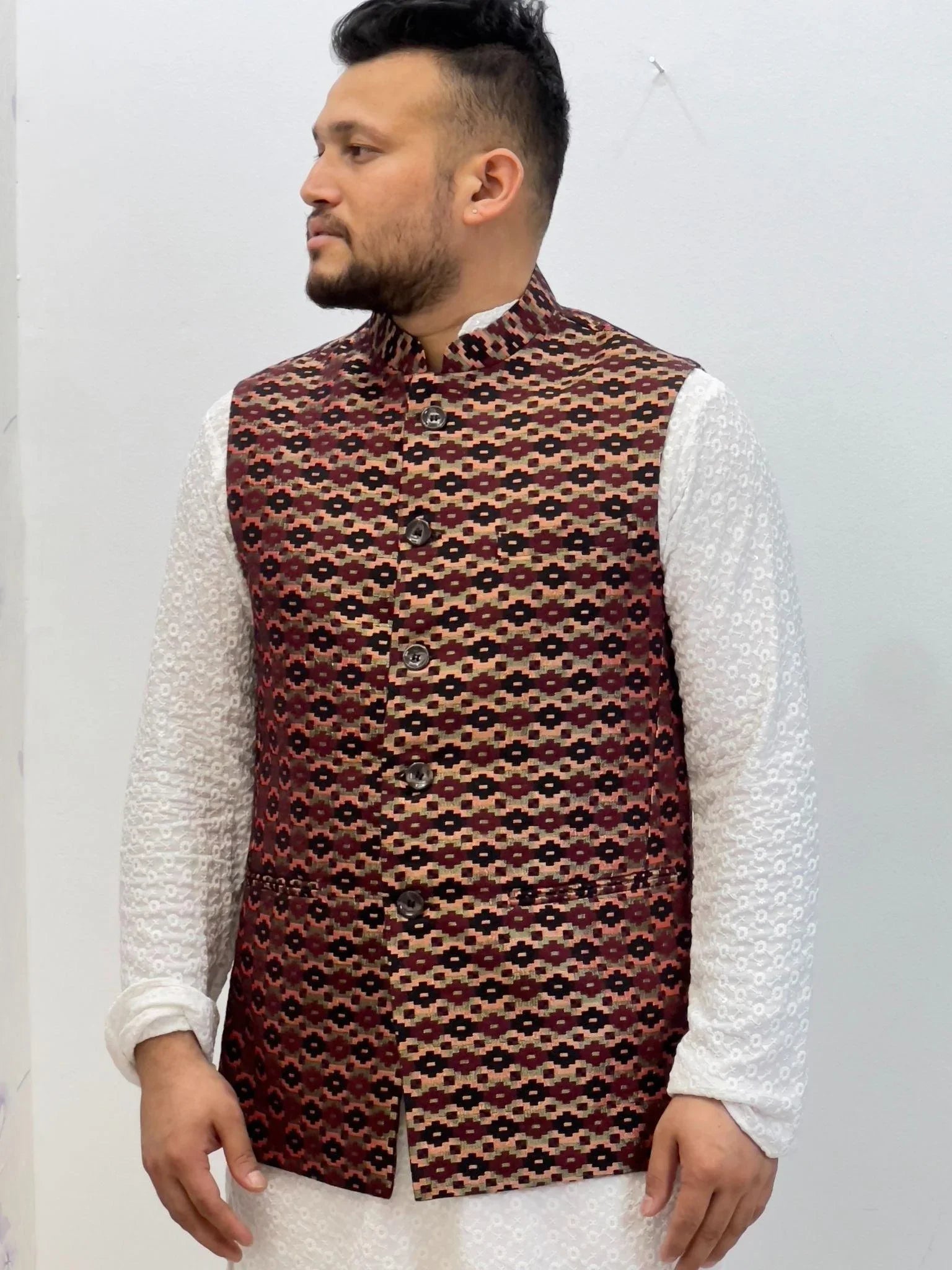 Maroon Dhaka Waistcoat With Topi - Boutique Nepal
