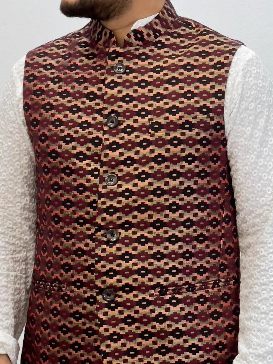 Maroon Dhaka Waistcoat With Topi - Boutique Nepal