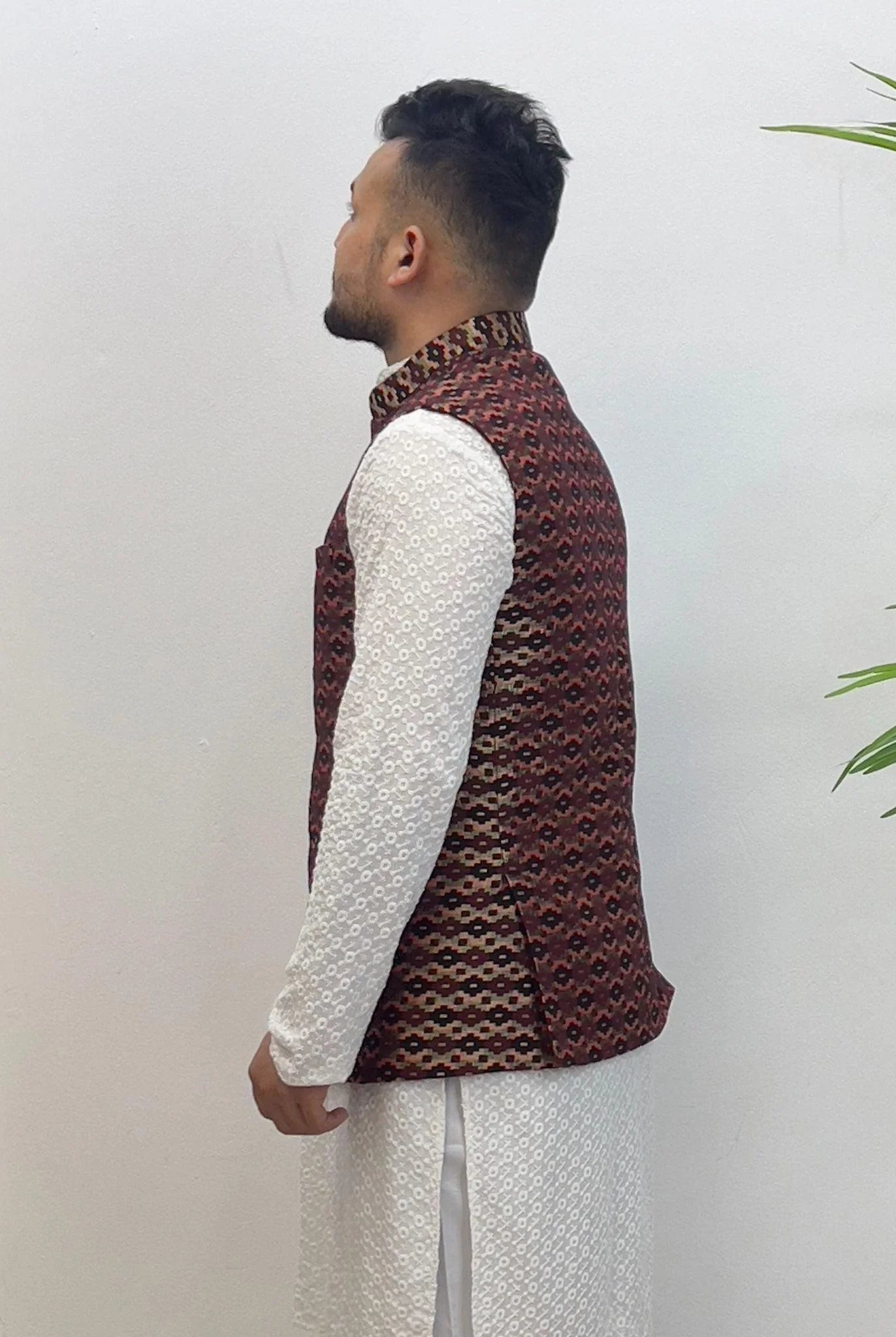 Maroon Dhaka Waistcoat With Topi - Boutique Nepal