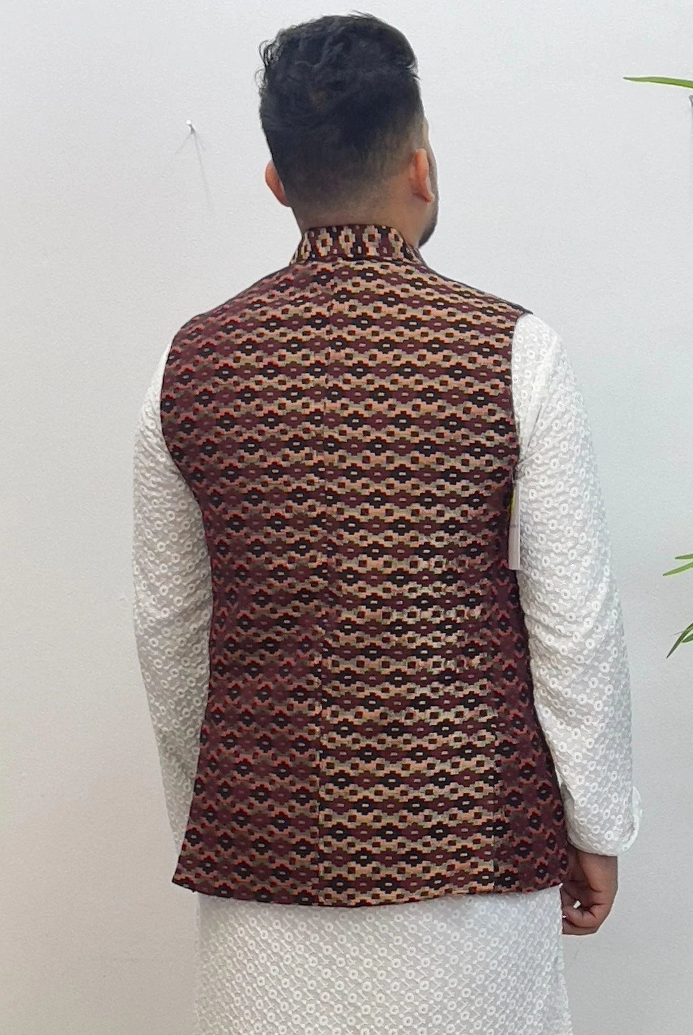 Maroon Dhaka Waistcoat With Topi - Boutique Nepal