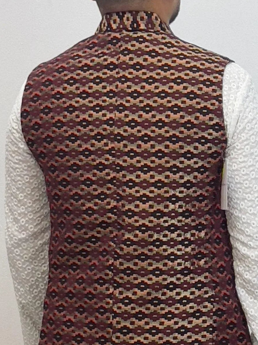 Maroon Dhaka Waistcoat With Topi - Boutique Nepal