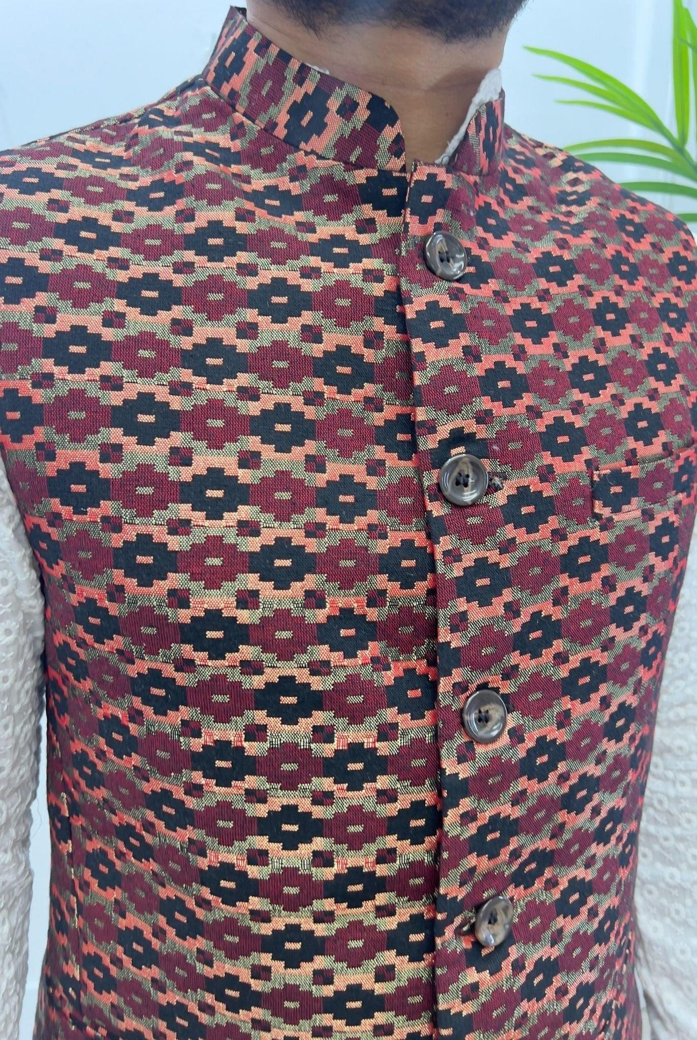 Maroon Dhaka Waistcoat With Topi - Boutique Nepal