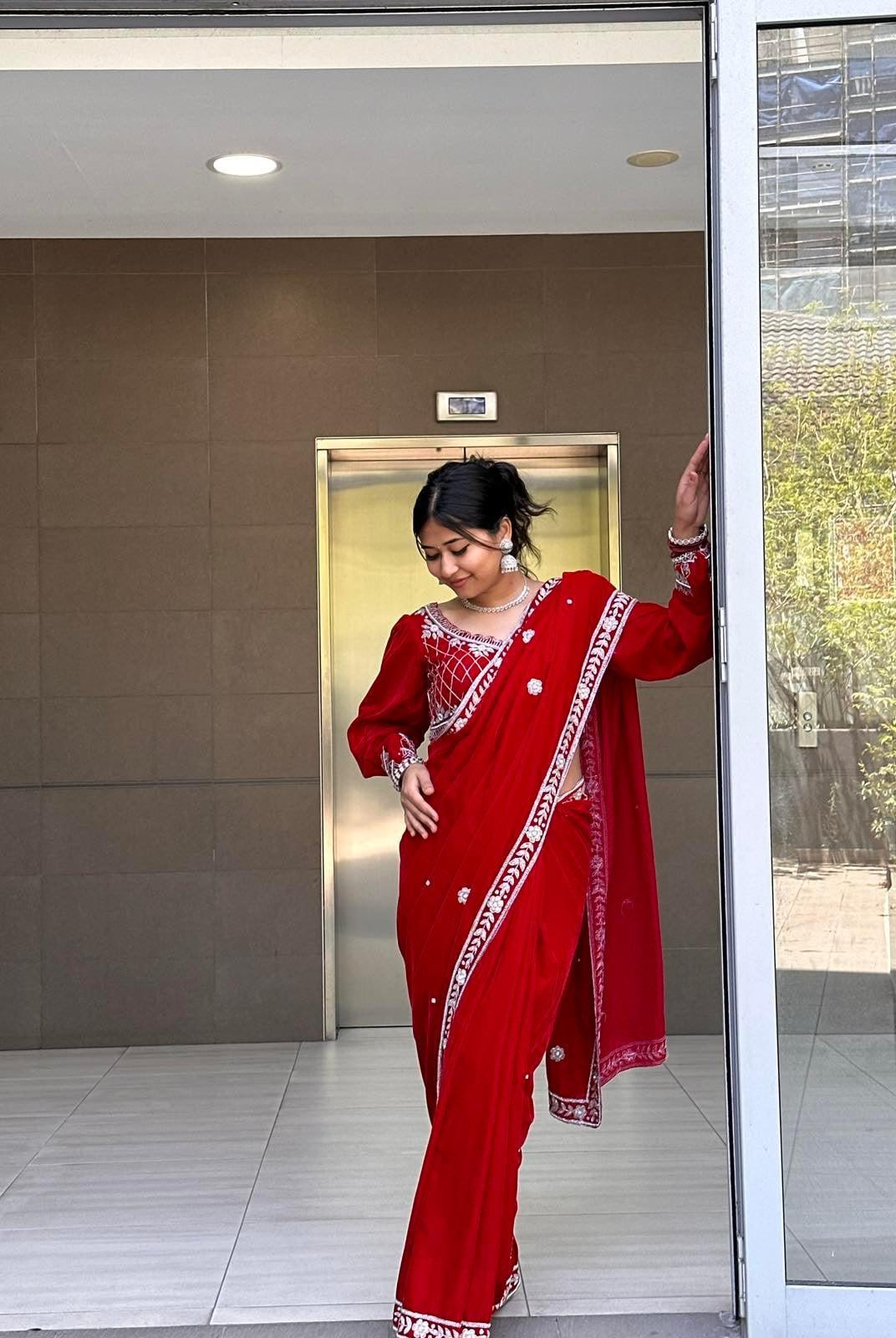 Maroon Velvet Saree with Hand Work Full Sleeves Blouse - Boutique Nepal