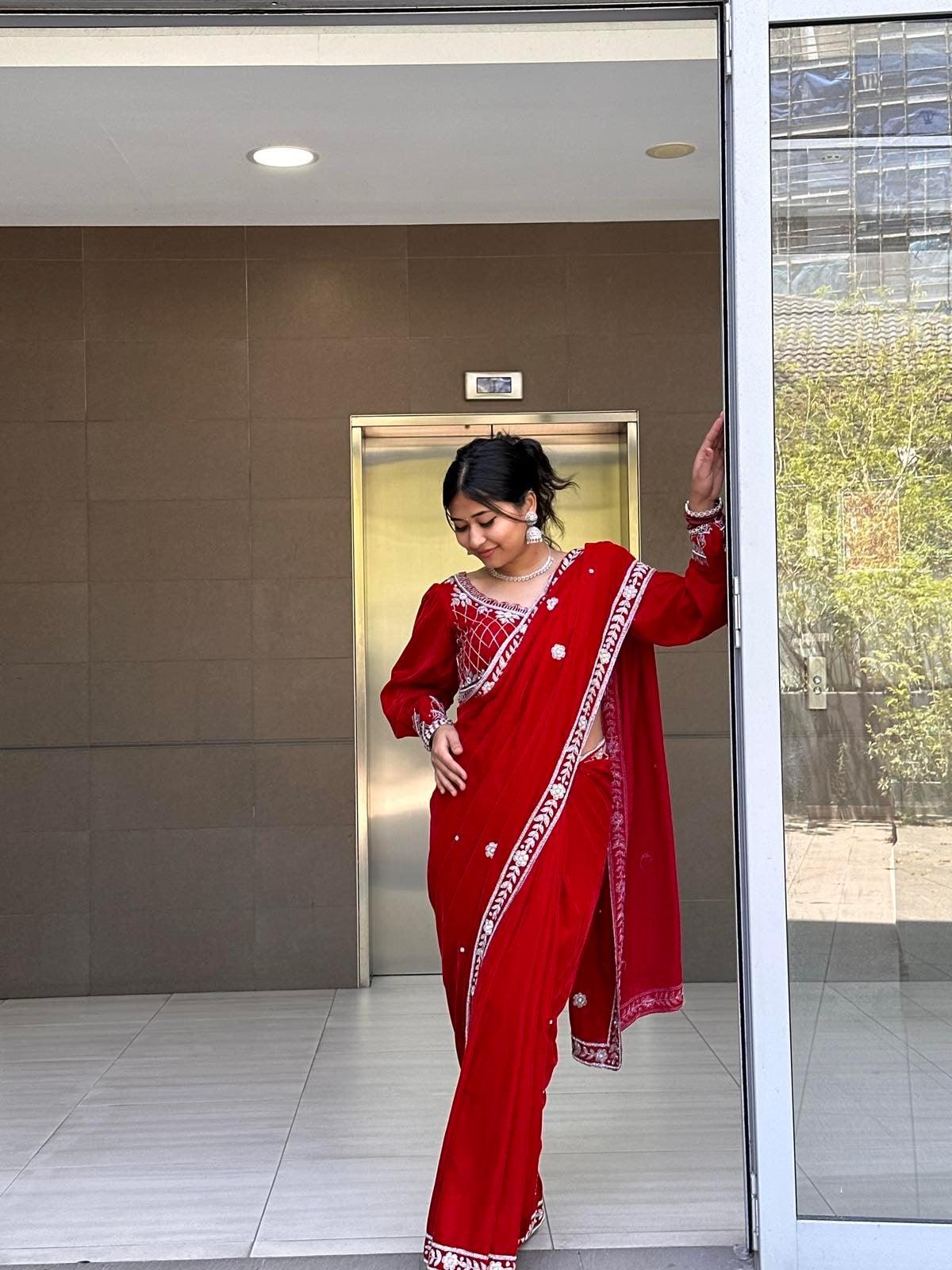 Maroon Velvet Saree with Hand Work Full Sleeves Blouse - Boutique Nepal