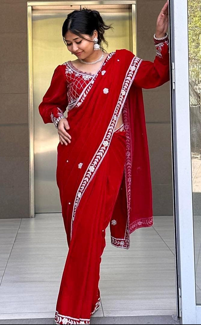 Maroon Velvet Saree with Hand Work Full Sleeves Blouse - Boutique Nepal