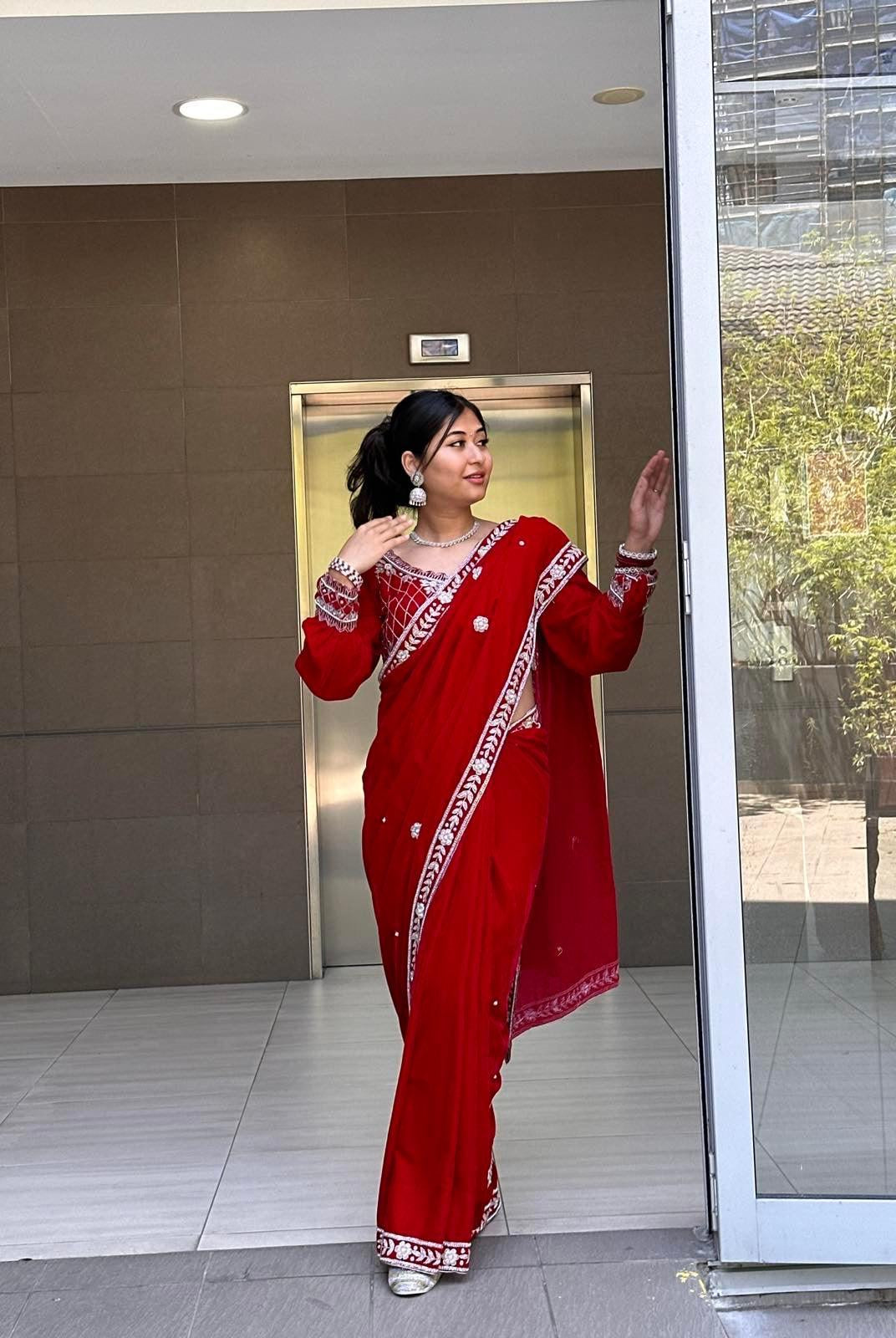 Maroon Velvet Saree with Hand Work Full Sleeves Blouse - Boutique Nepal