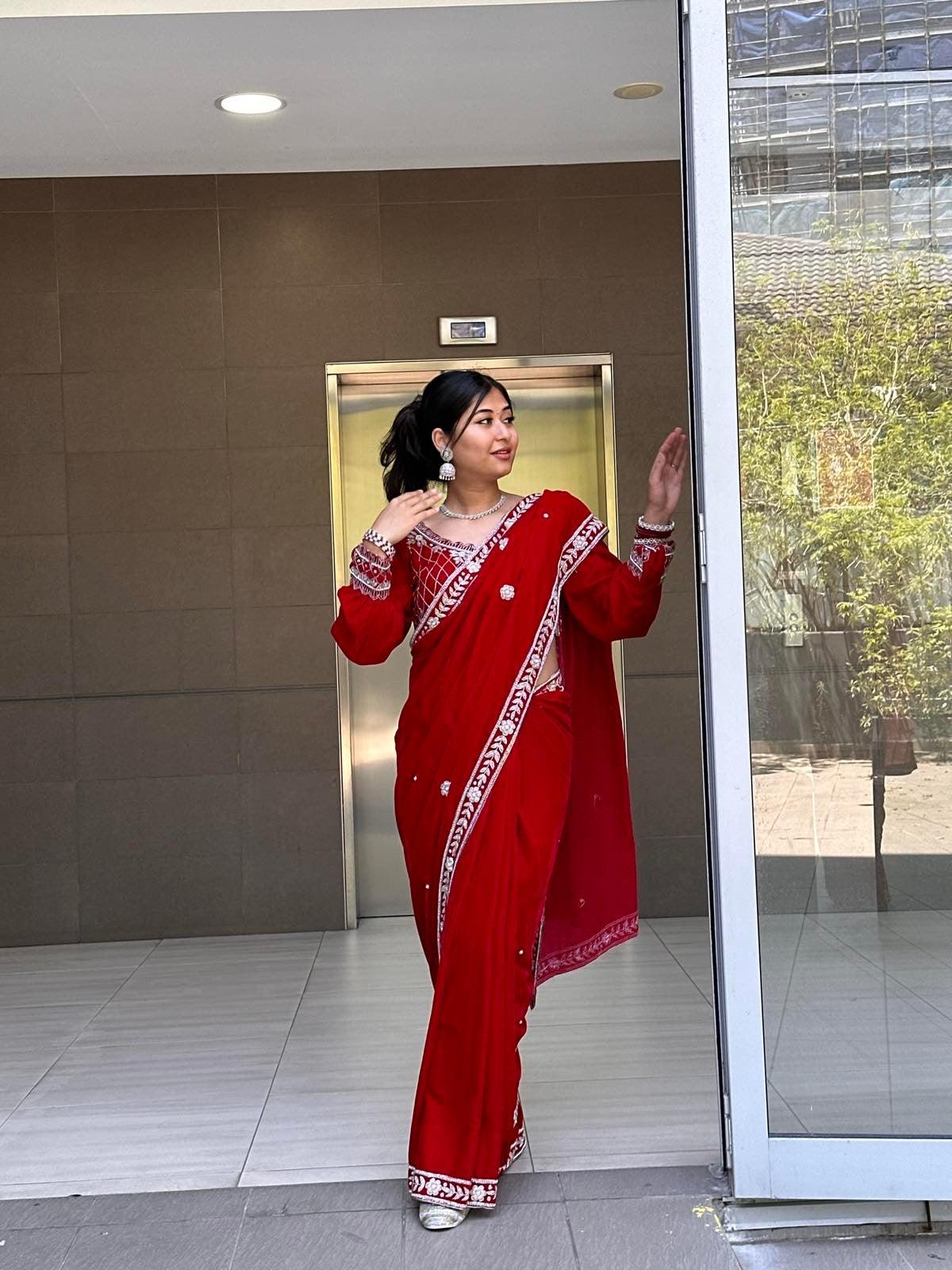Maroon Velvet Saree with Hand Work Full Sleeves Blouse - Boutique Nepal
