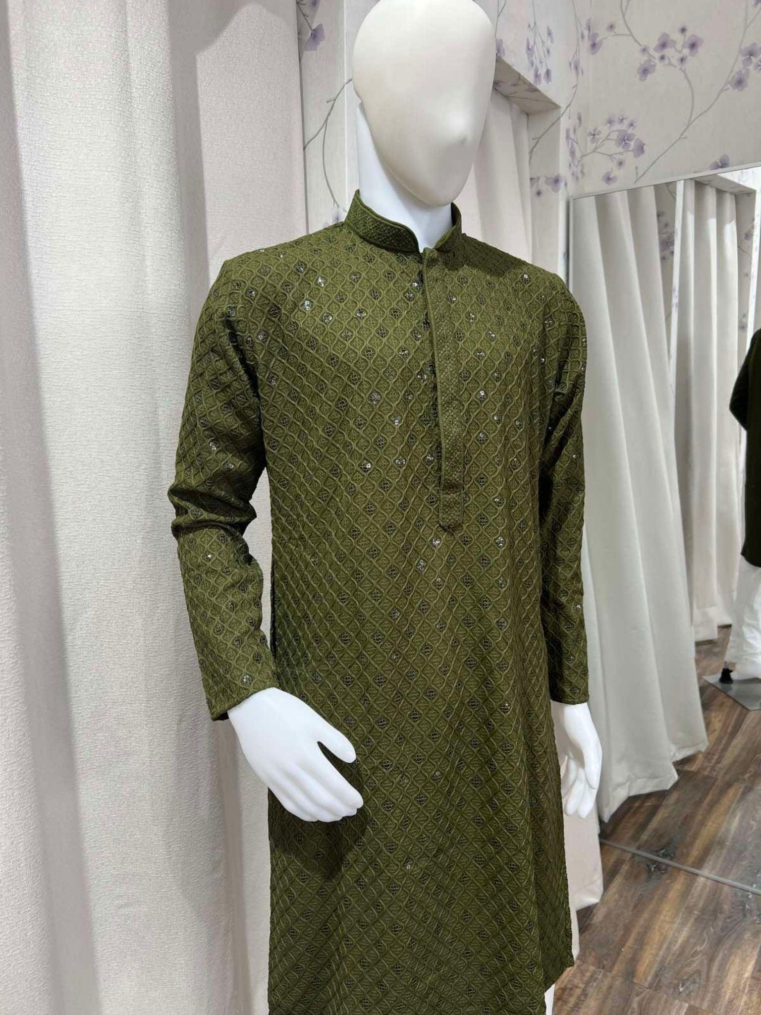 Men's Kurta Mehendi Color With Chikankari Cotton Sequin Work - Boutique Nepal Australia