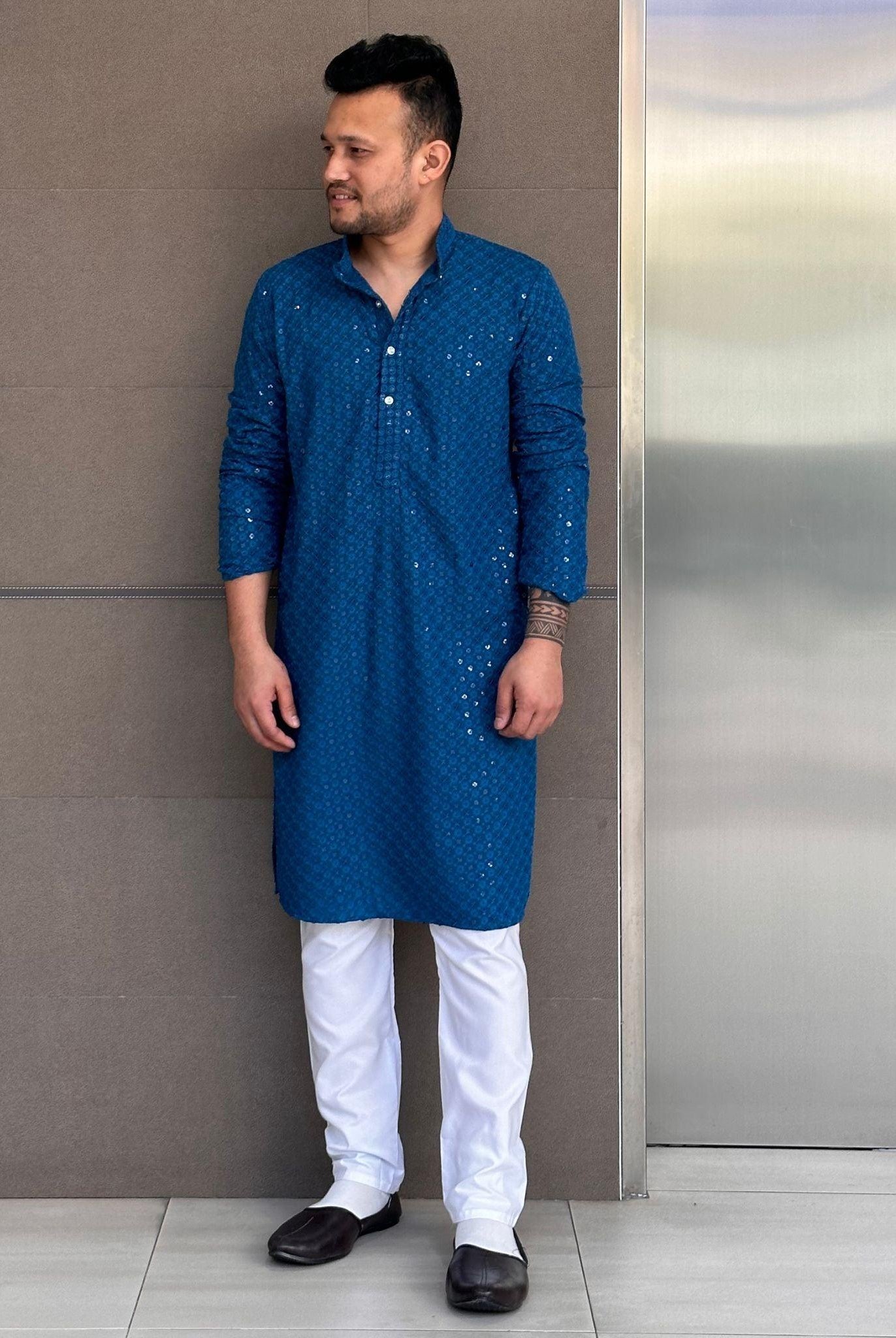 Men's Kurta Pajama Peacock Blue - Boutique Nepal Australia