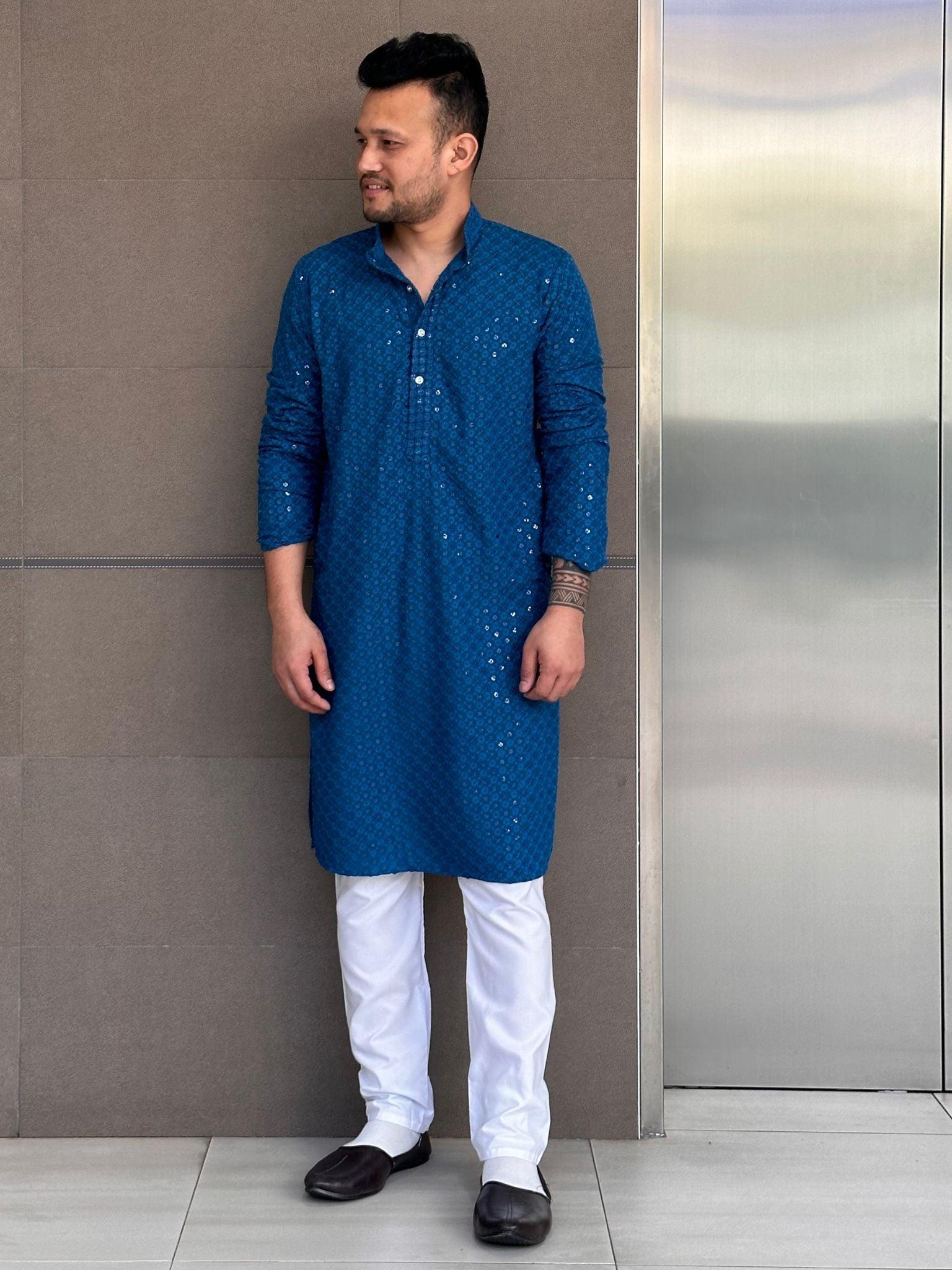 Men's Kurta Pajama Peacock Blue - Boutique Nepal Australia