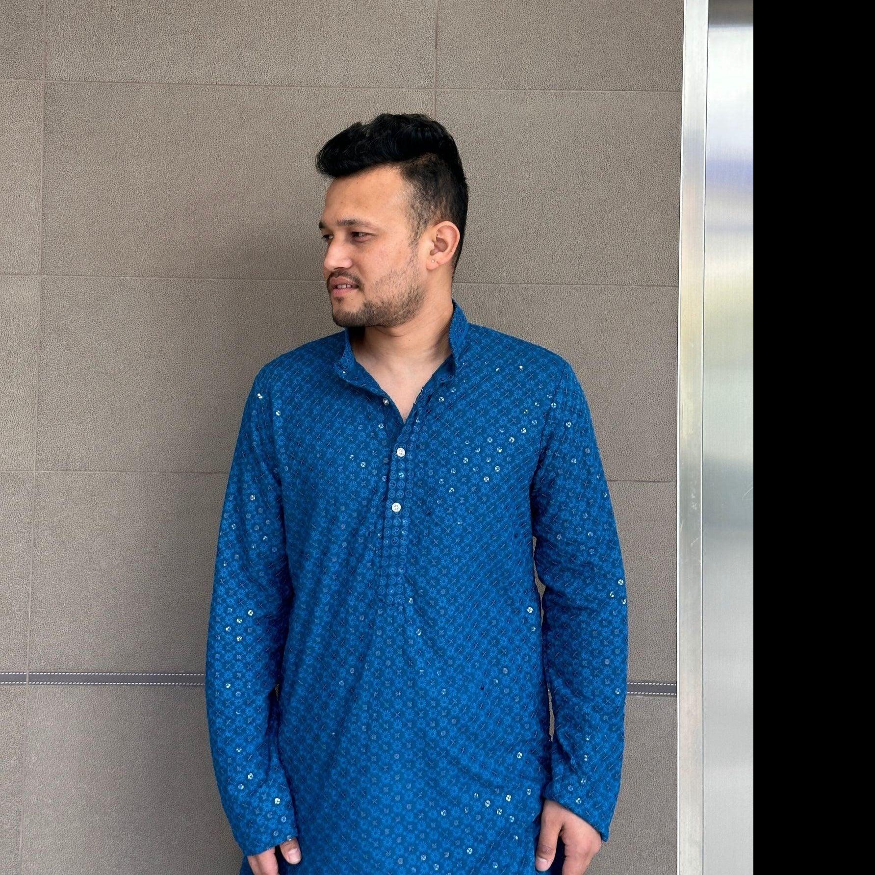 Men's Kurta Pajama Peacock Blue - Boutique Nepal Australia