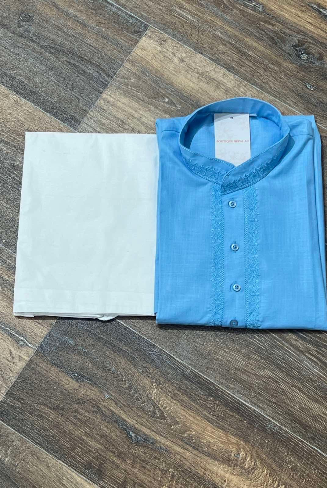 Mens Cotton Kurta In Sky Blue Size 36 - Boutique Nepal