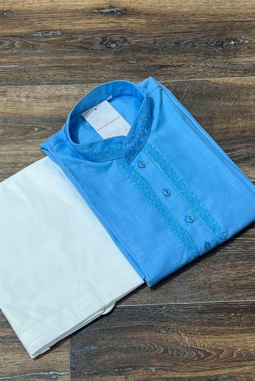 Mens Cotton Kurta In Sky Blue Size 36 - Boutique Nepal