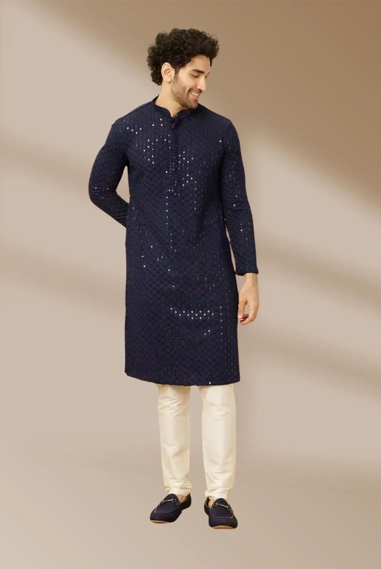 Mens Kurta Rayon Sequin Work In Black - Boutique Nepal